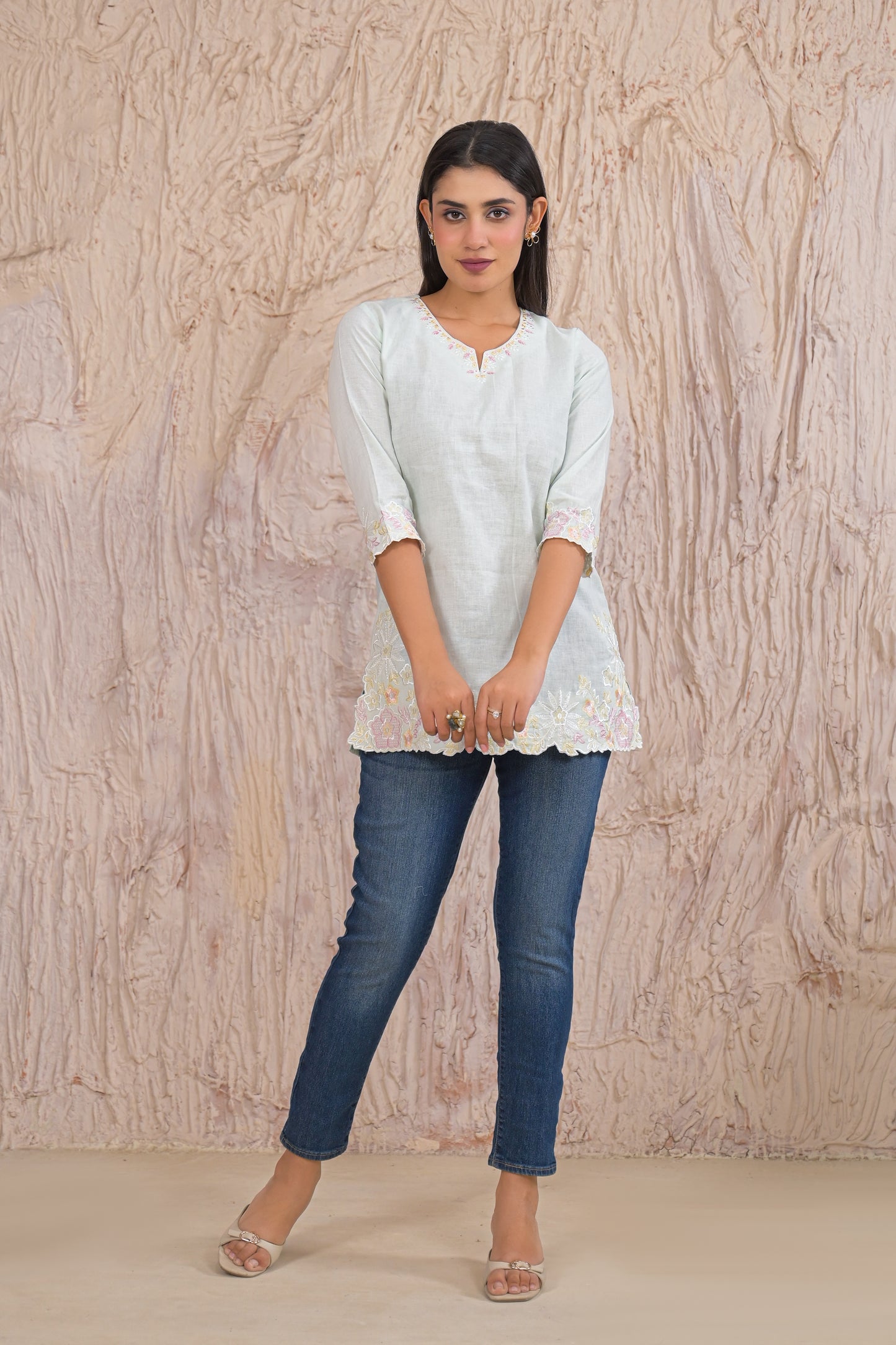 Elegant Pista Embroidered Short Kurti