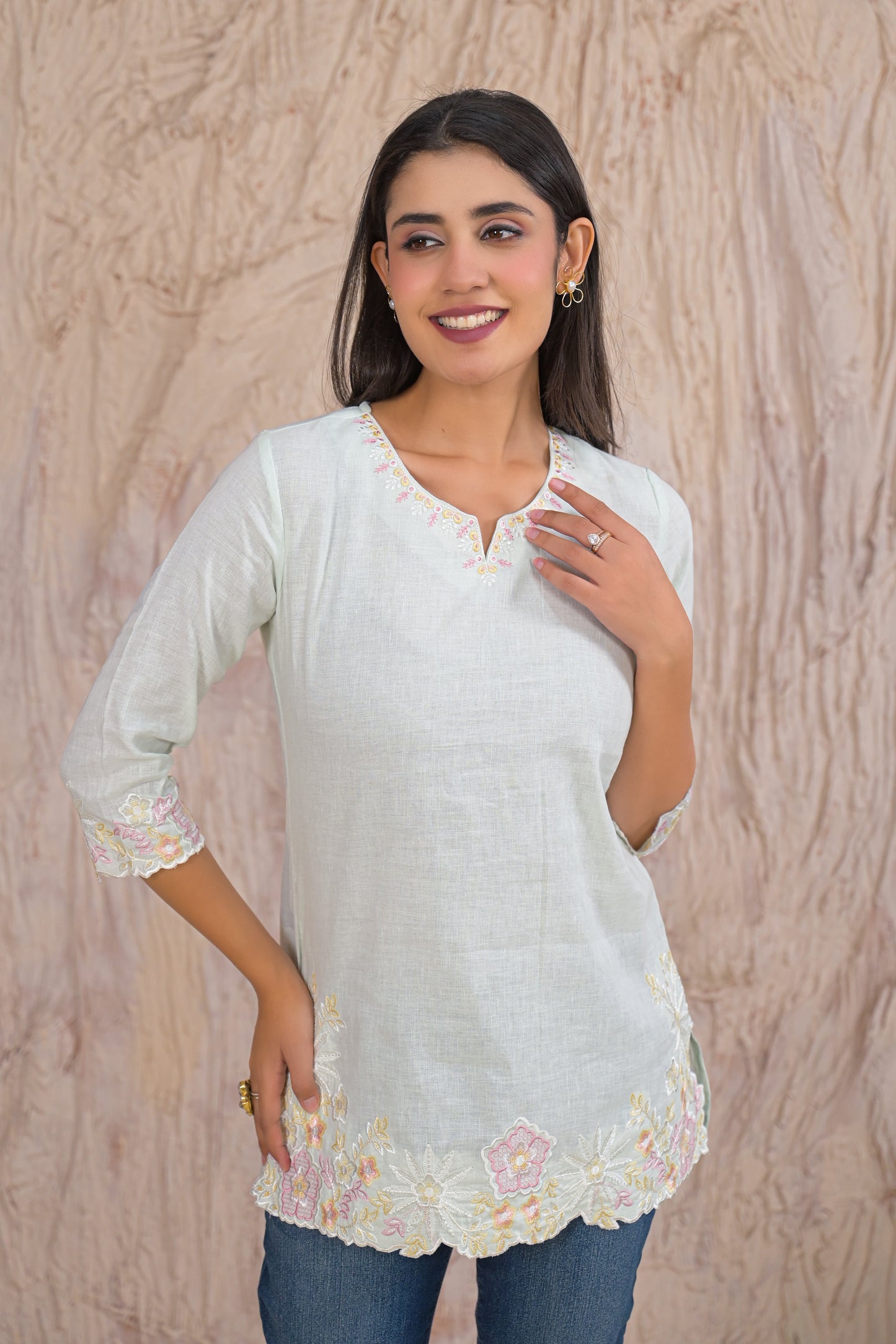 Elegant Pista Embroidered Short Kurti