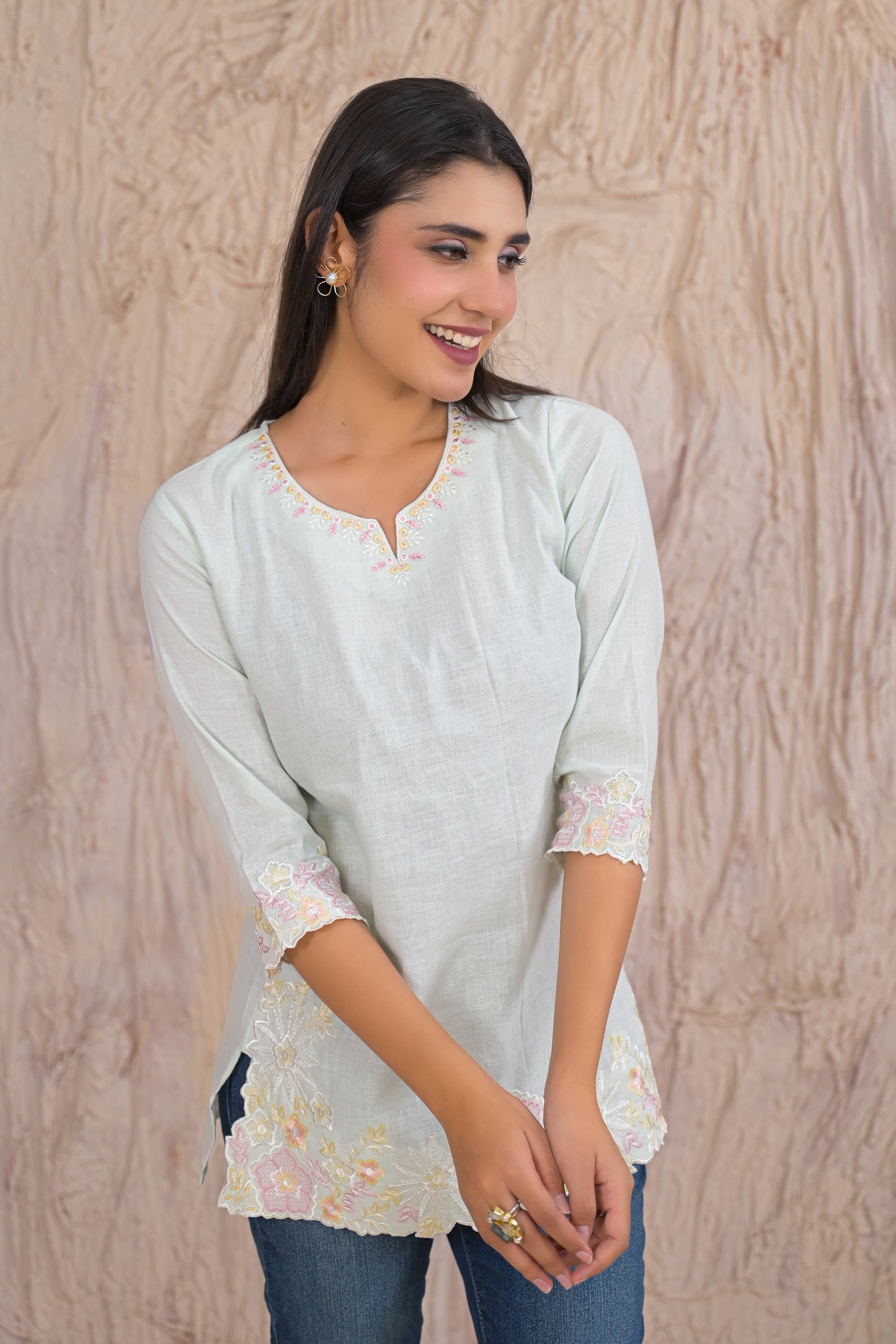 Elegant Pista Embroidered Short Kurti