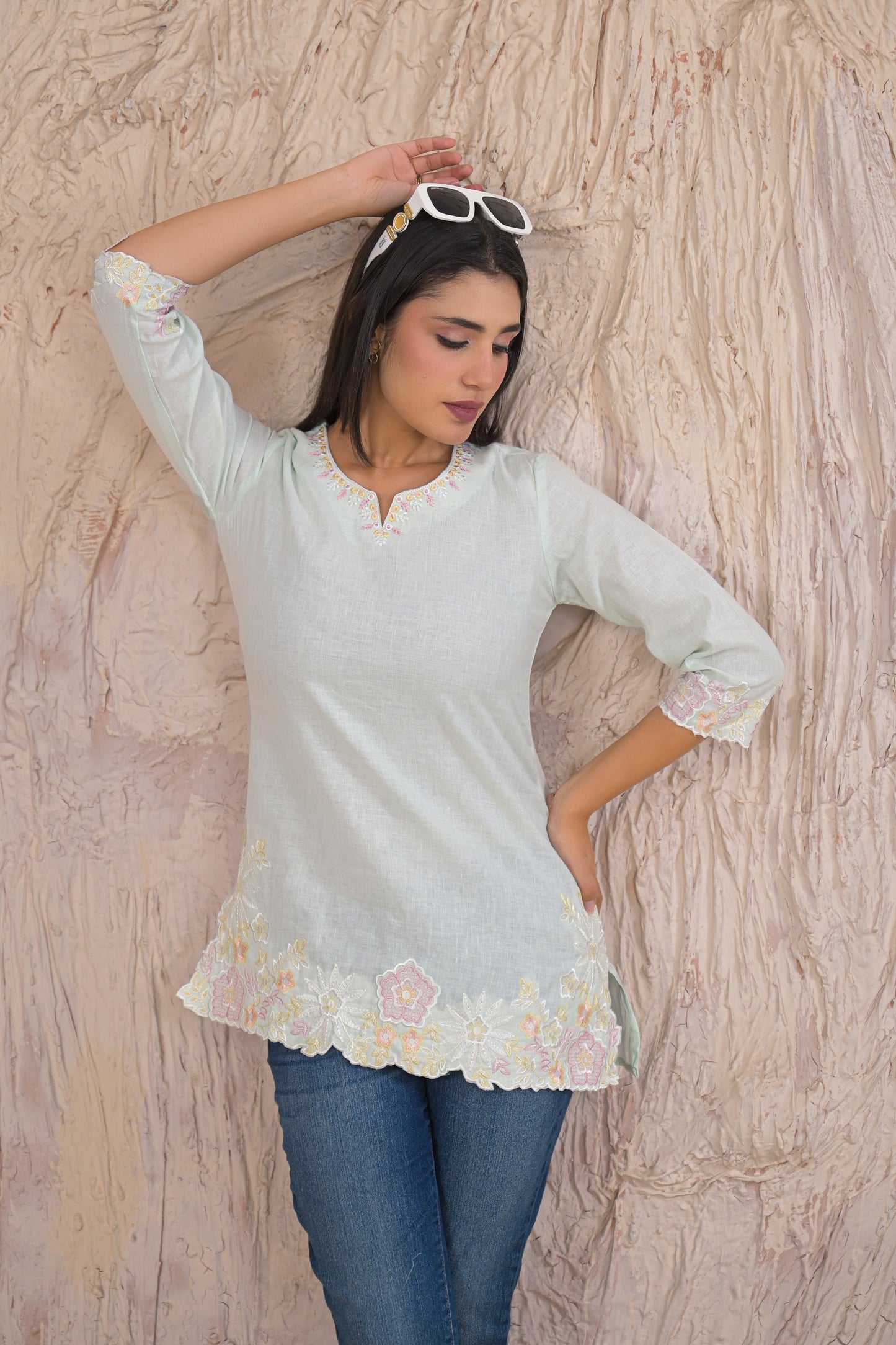 Elegant Pista Embroidered Short Kurti