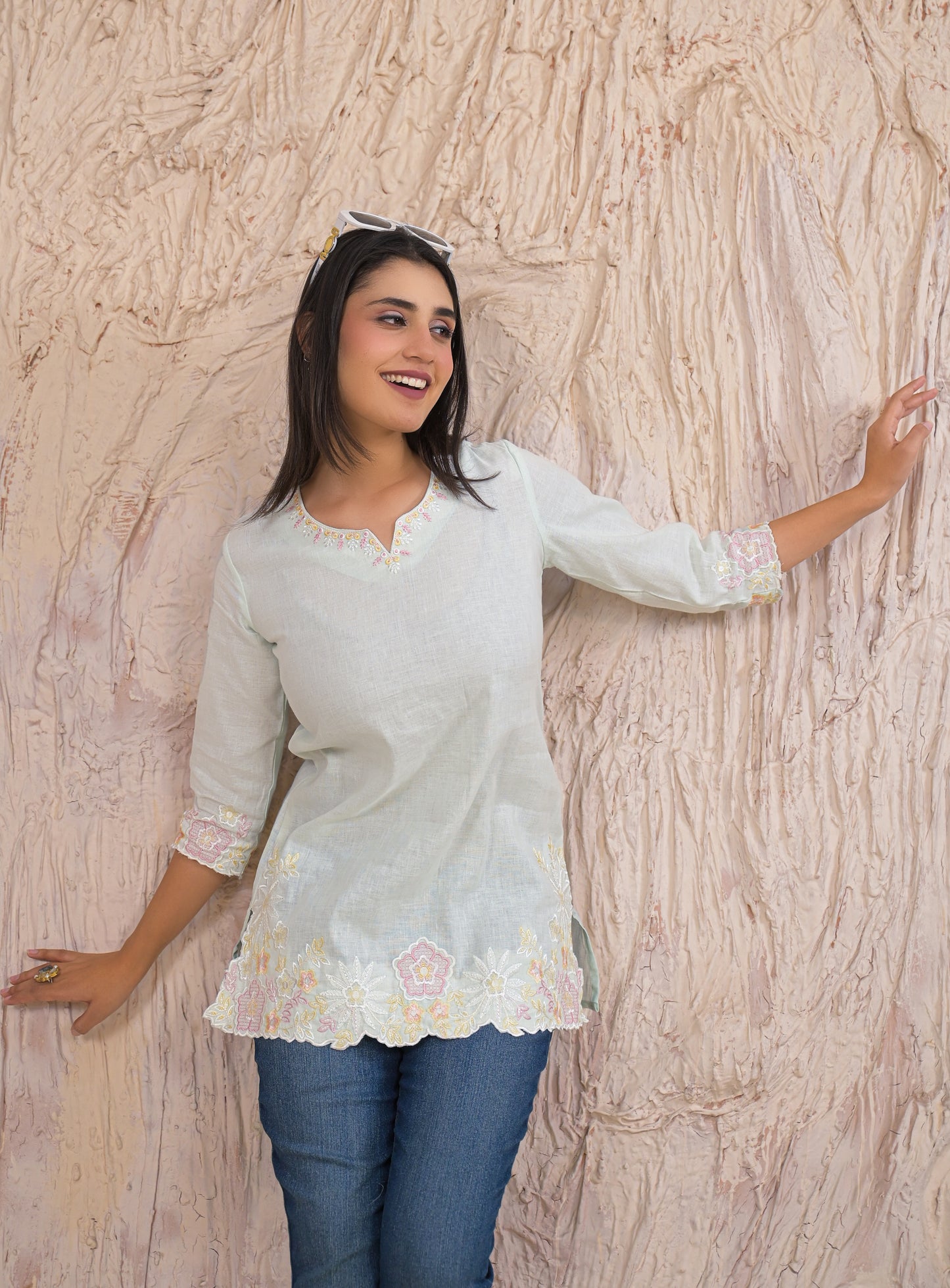 Elegant Pista Embroidered Short Kurti