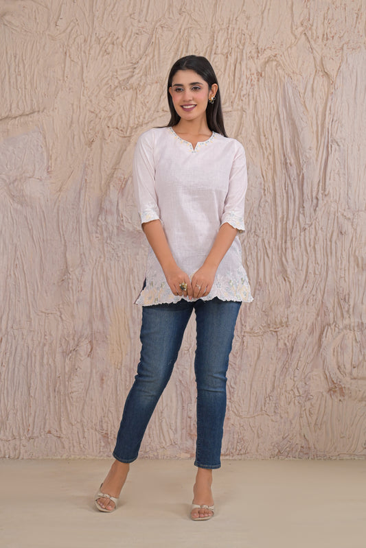 Elegant Light Pink Embroidered Short Kurti