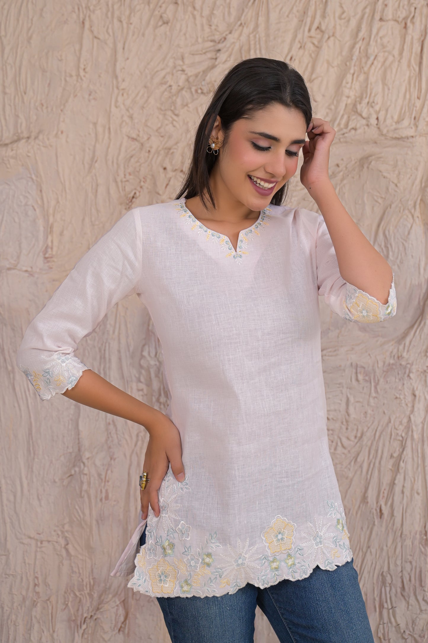 Elegant Light Pink Embroidered Short Kurti