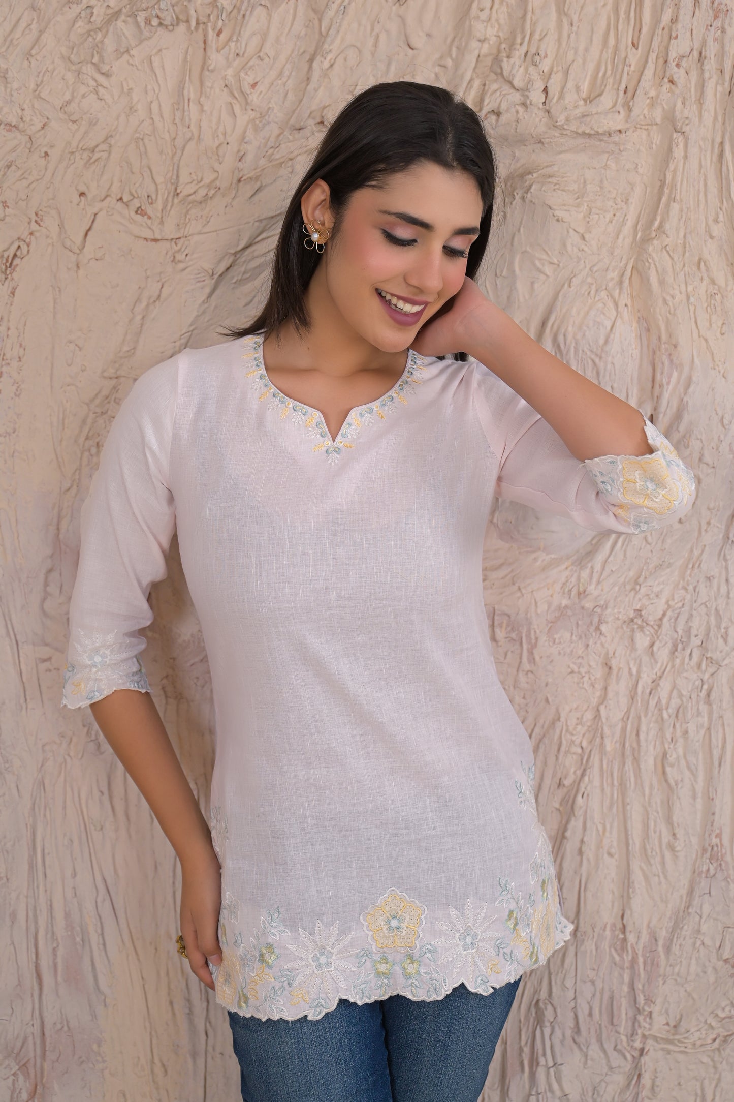 Elegant Light Pink Embroidered Short Kurti