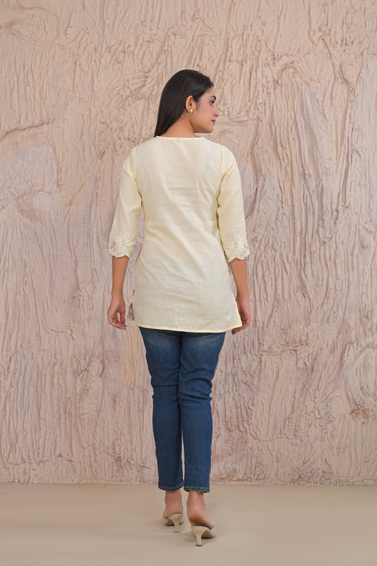 Elegant Lemon Cream Embroidered Short Kurti