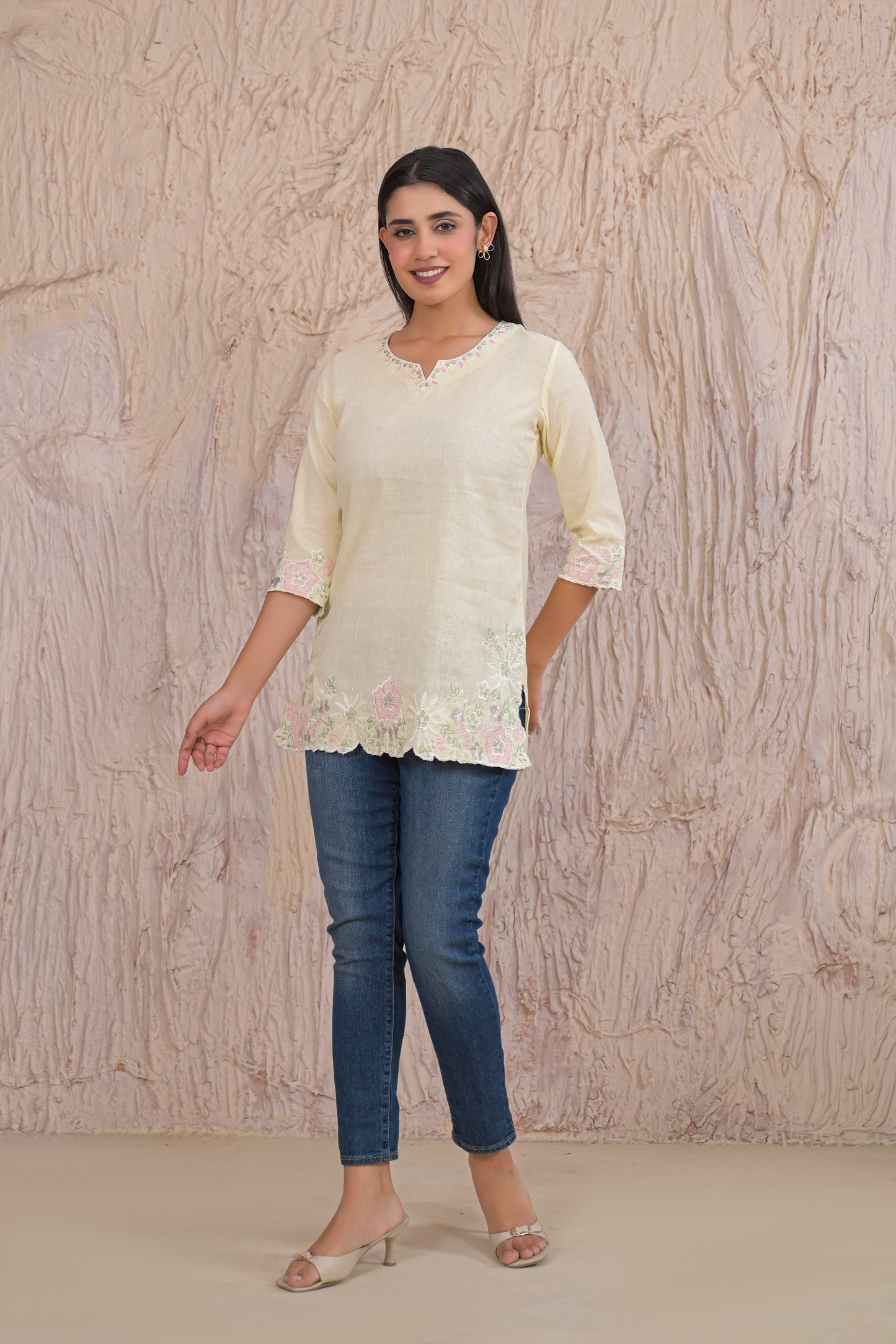 Elegant Lemon Cream Embroidered Short Kurti