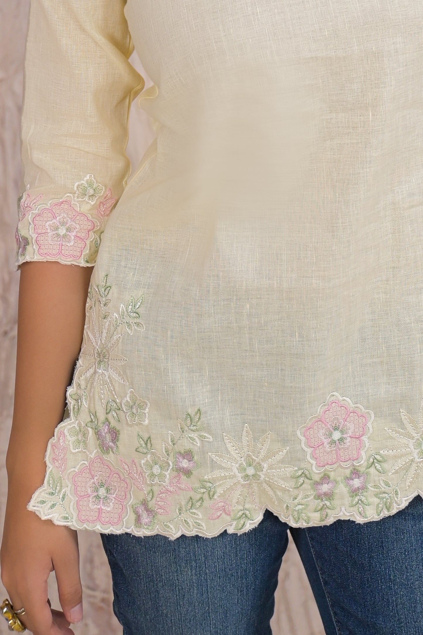 Elegant Lemon Cream Embroidered Short Kurti