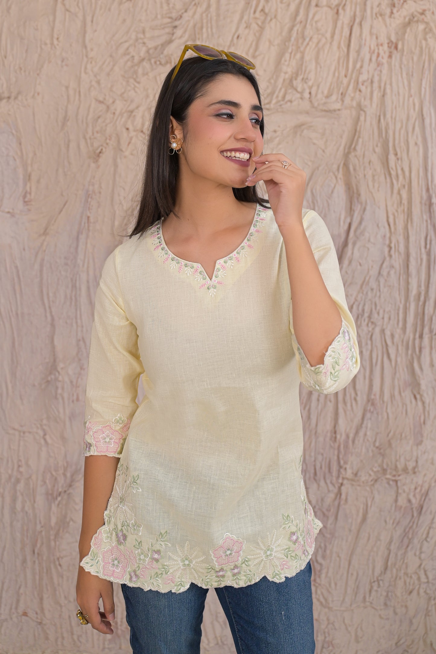 Elegant Lemon Cream Embroidered Short Kurti