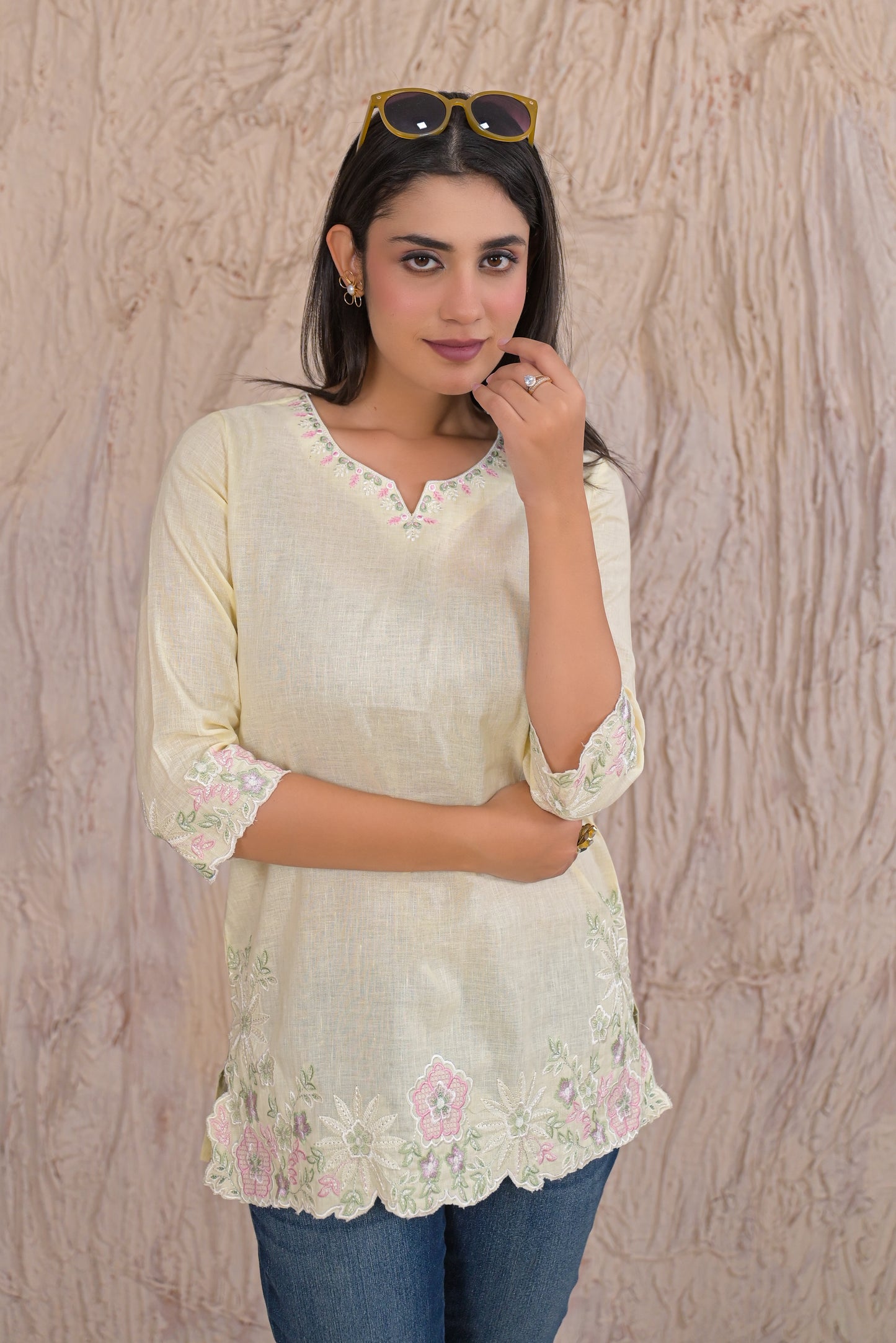 Elegant Lemon Cream Embroidered Short Kurti