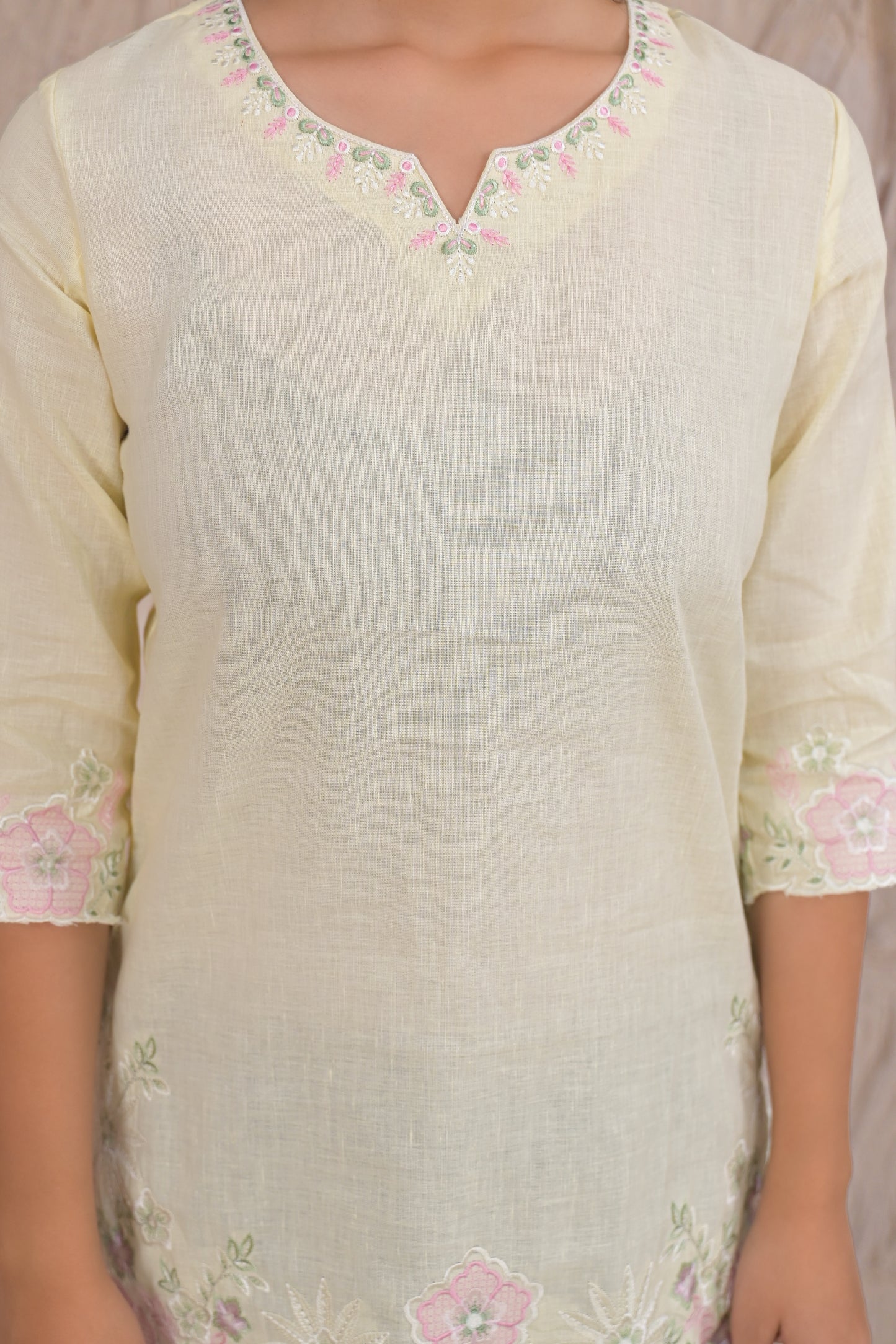 Elegant Lemon Cream Embroidered Short Kurti