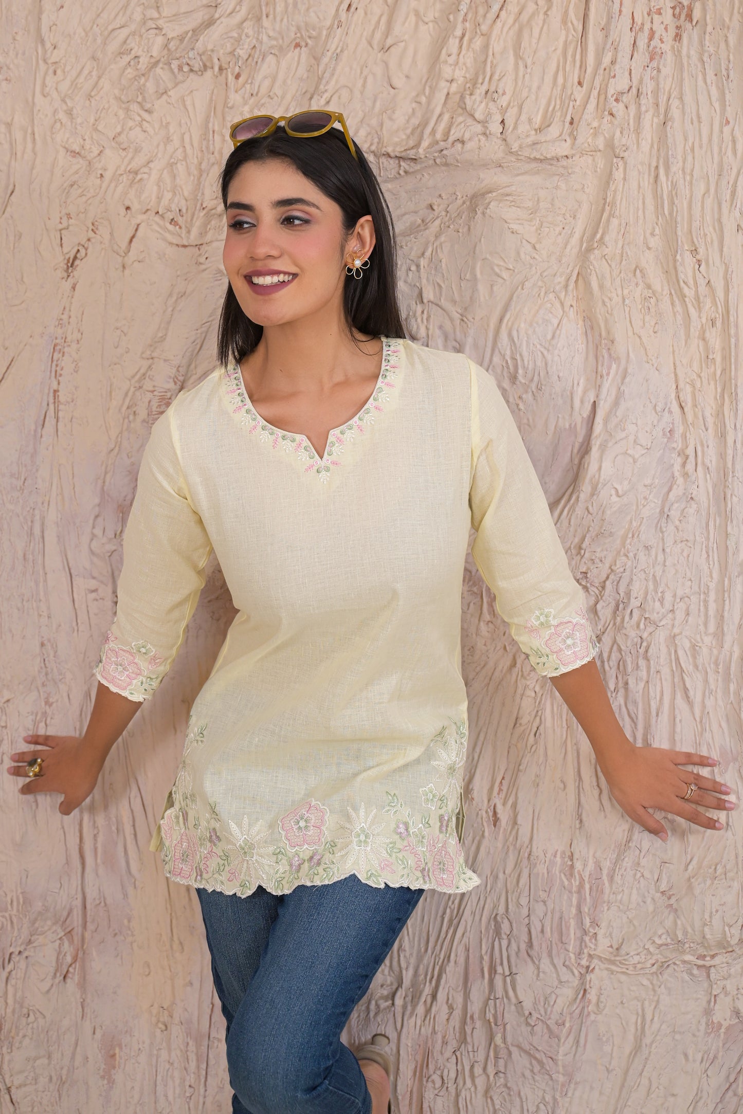 Elegant Lemon Cream Embroidered Short Kurti