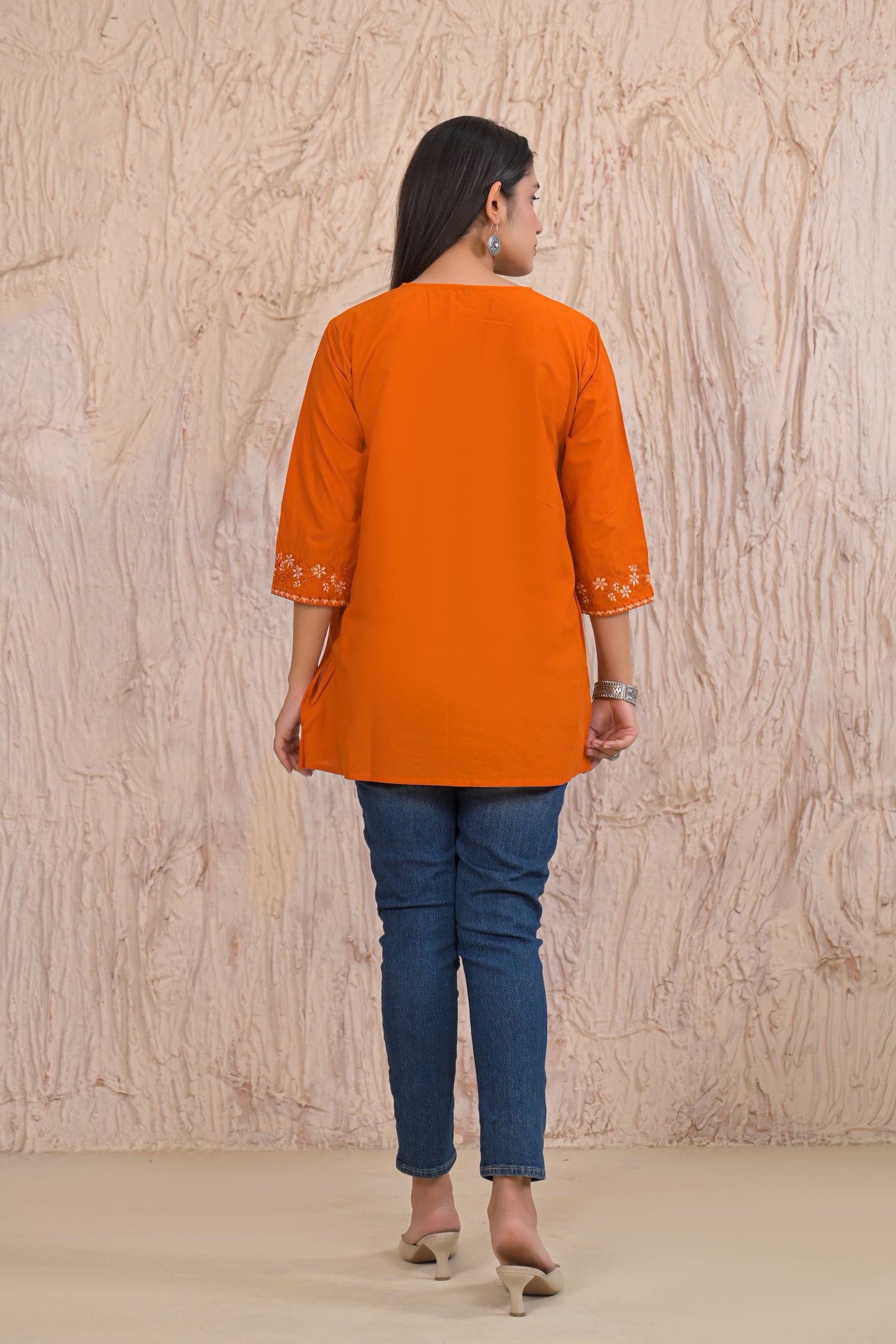 Elegant Rust Embroidered Short Kurti