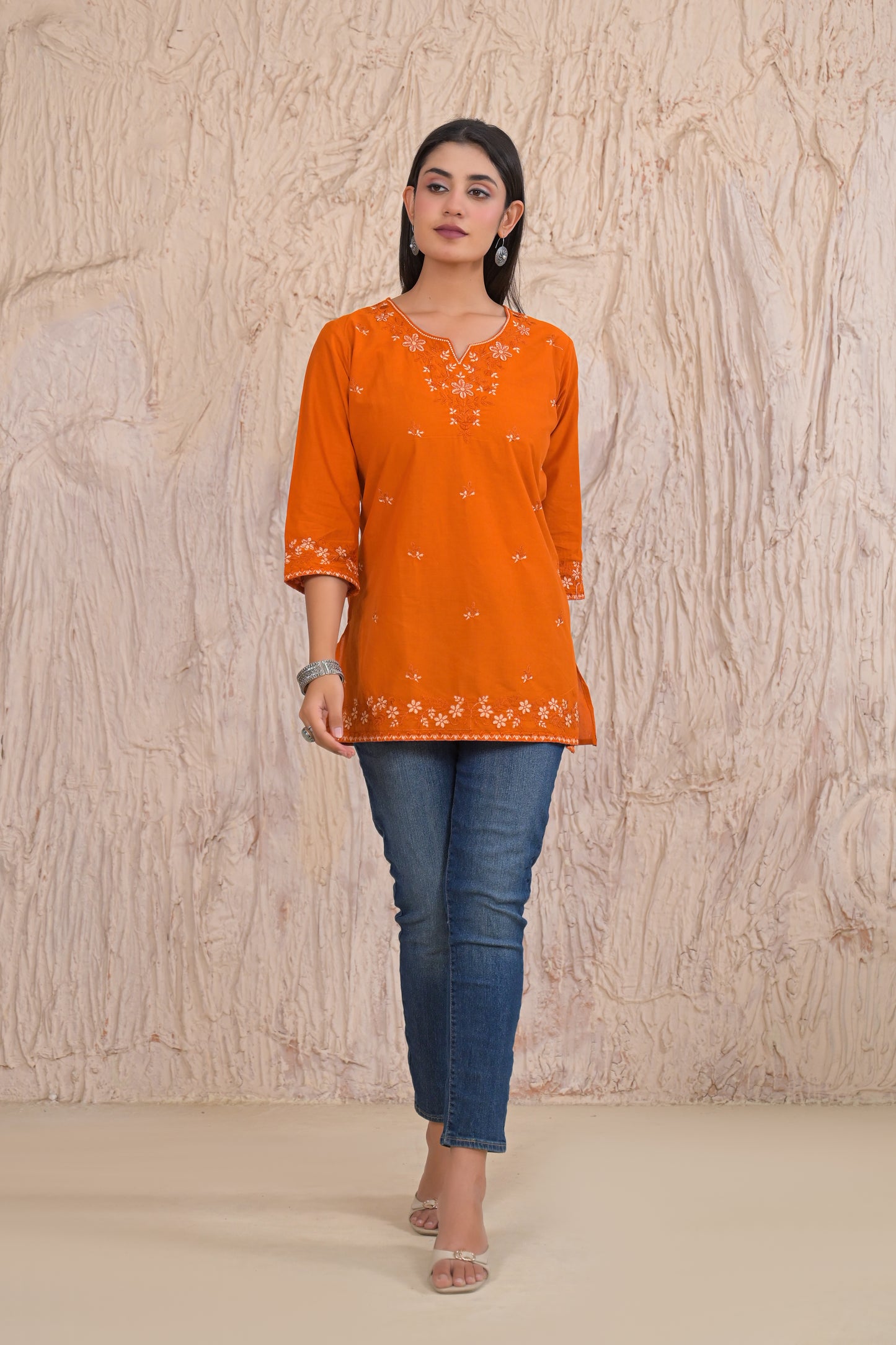 Elegant Rust Embroidered Short Kurti