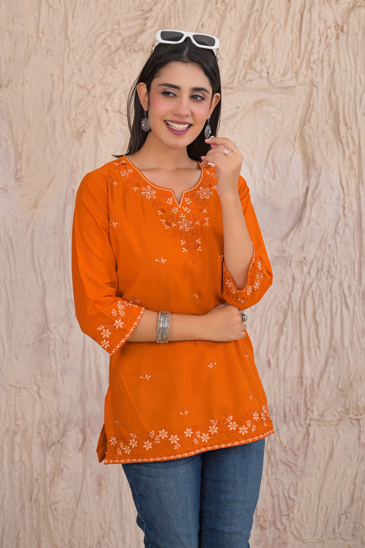 Elegant Rust Embroidered Short Kurti