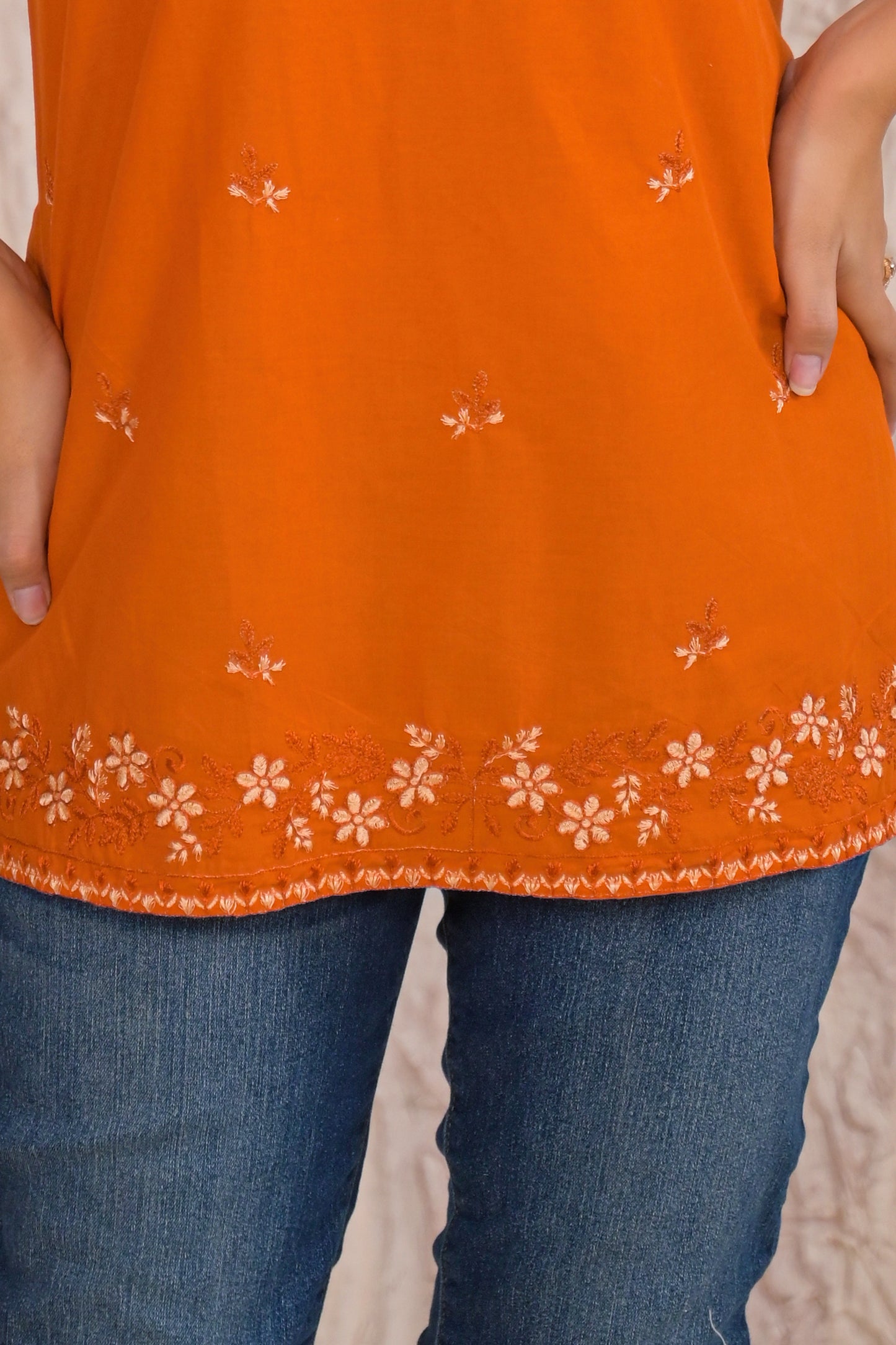 Elegant Rust Embroidered Short Kurti