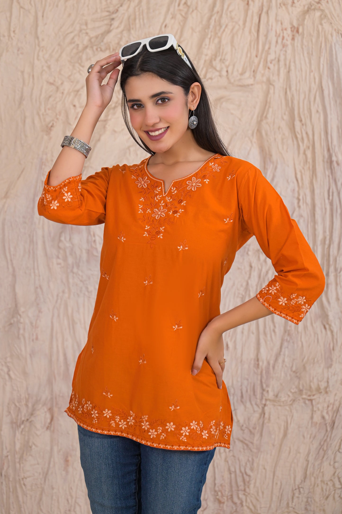 Elegant Rust Embroidered Short Kurti
