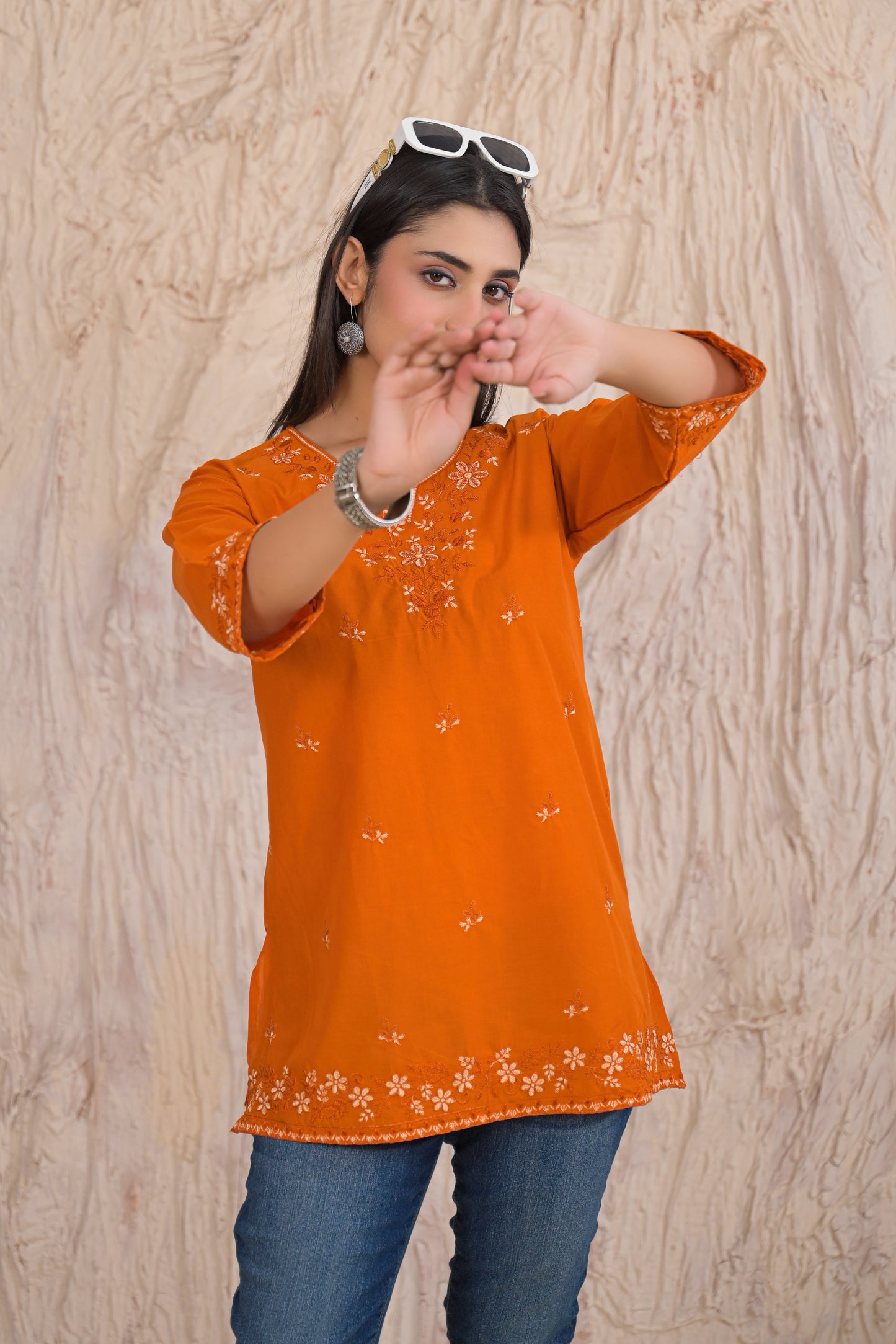 Elegant Rust Embroidered Short Kurti