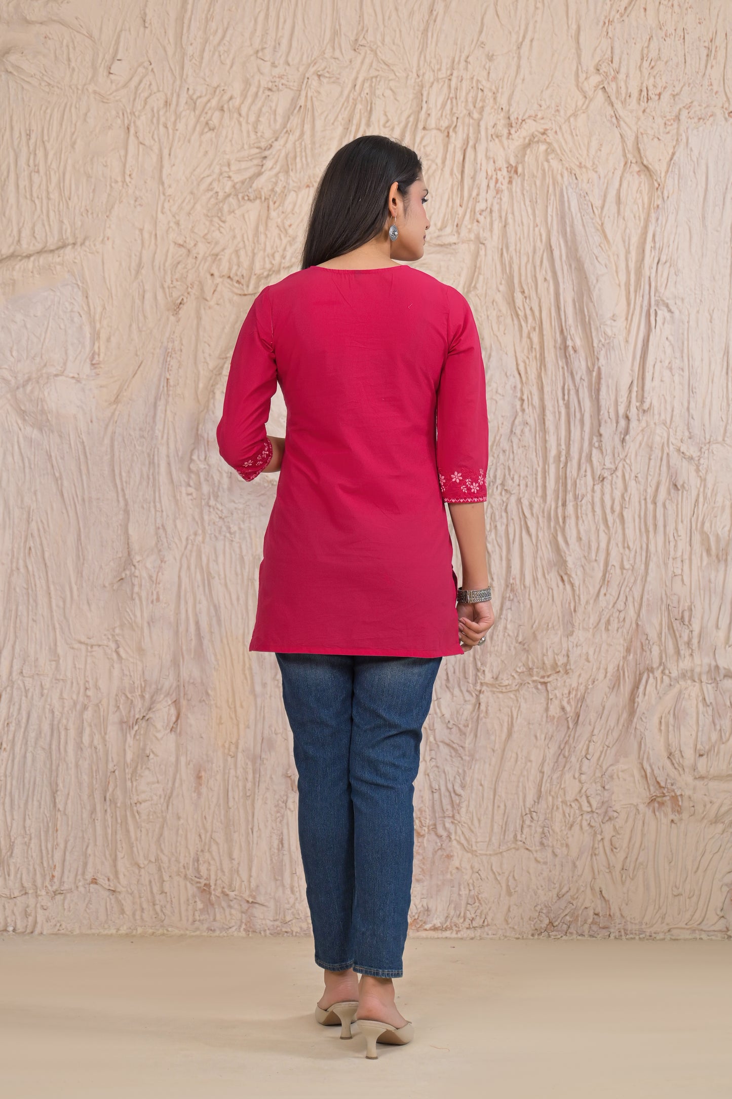 Elegant Pink Floral Embroidered Short Kurti