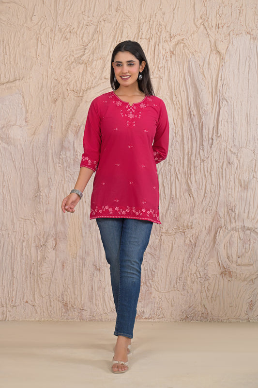 Elegant Pink Floral Embroidered Short Kurti