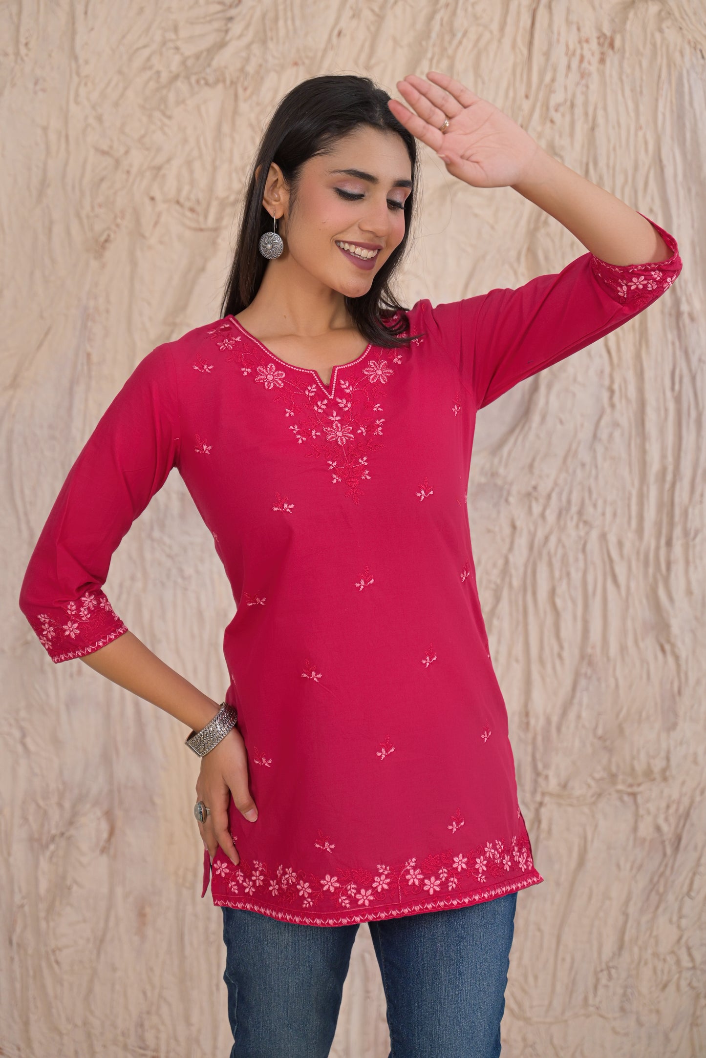 Elegant Pink Floral Embroidered Short Kurti