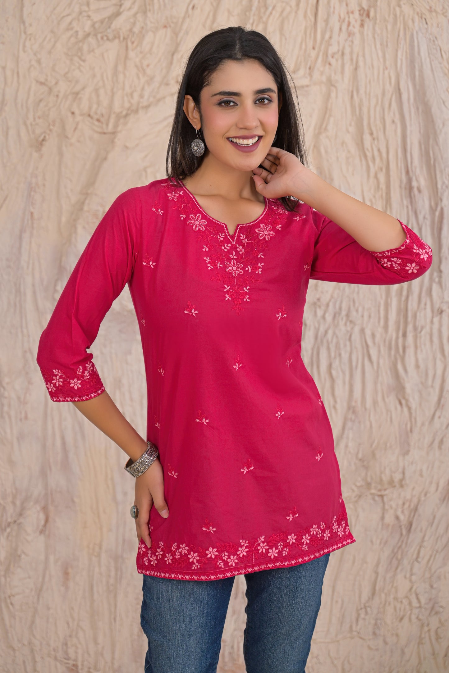 Elegant Pink Floral Embroidered Short Kurti