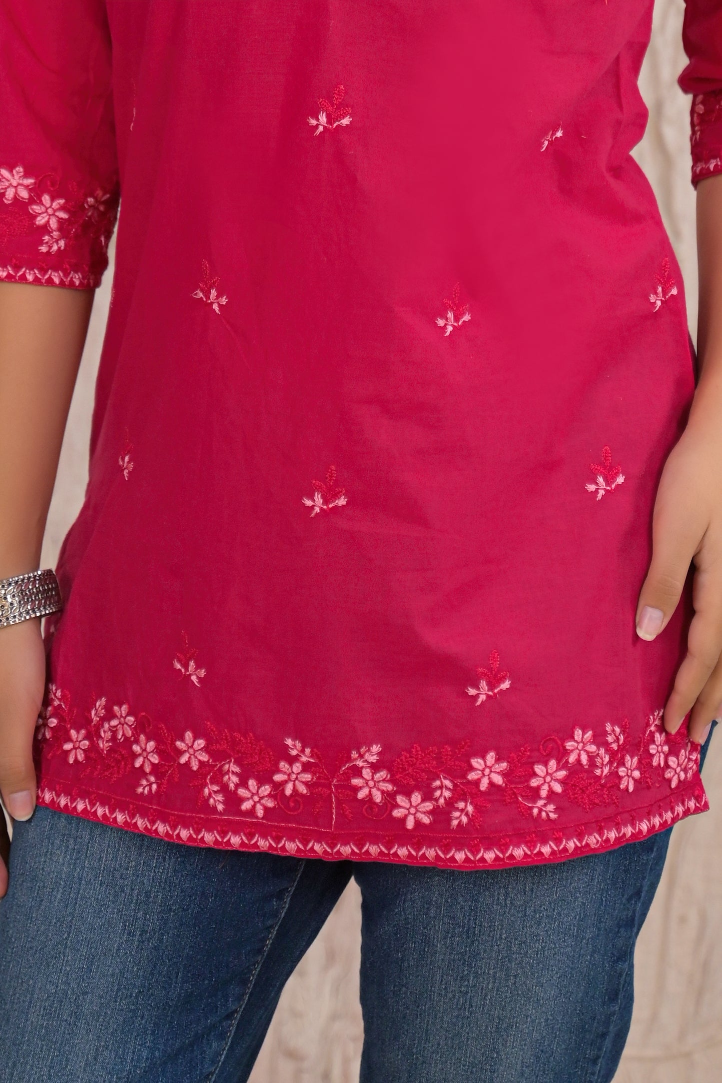 Elegant Pink Floral Embroidered Short Kurti