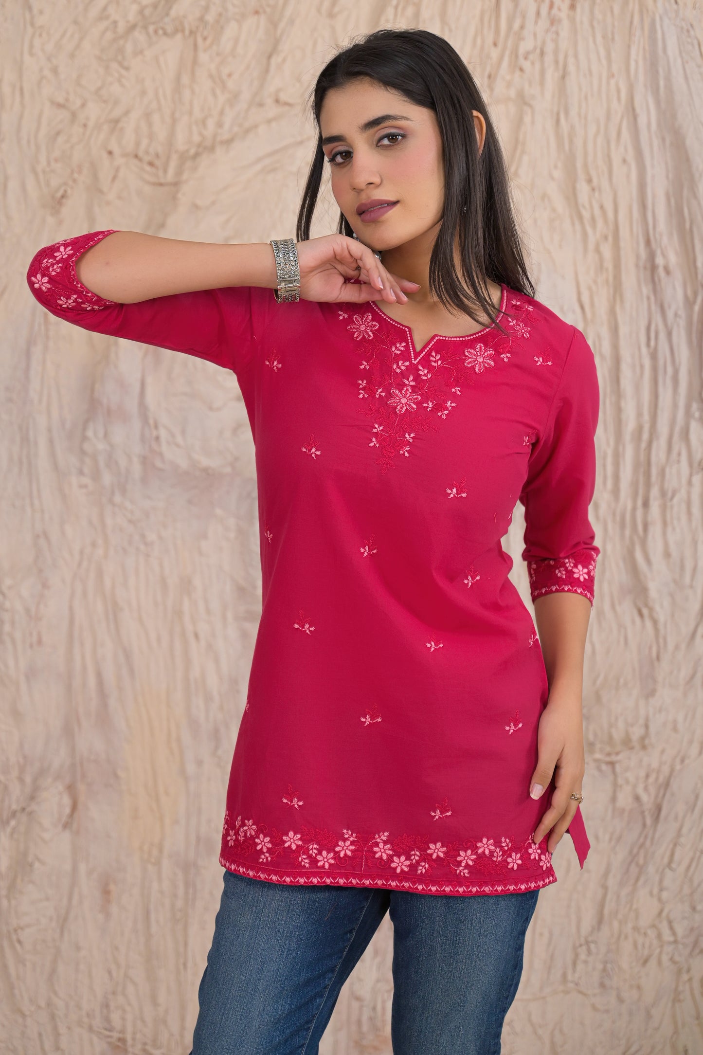 Elegant Pink Floral Embroidered Short Kurti