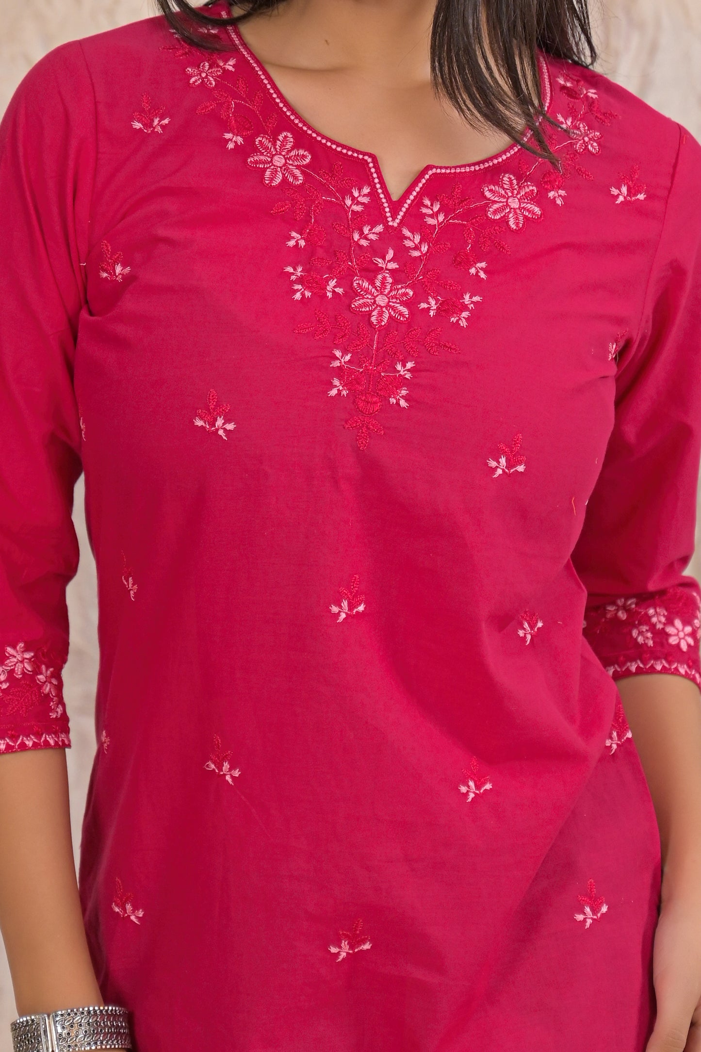 Elegant Pink Floral Embroidered Short Kurti