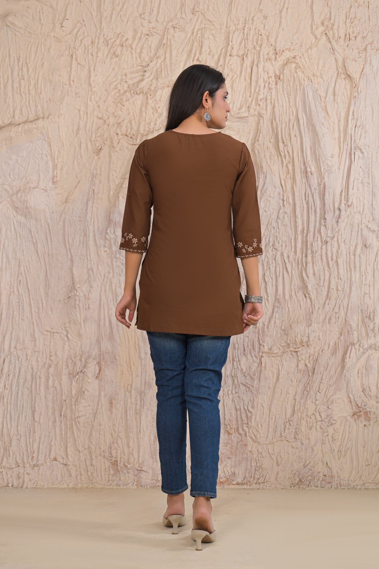 Elegant Brown Floral Embroidered Short Kurti