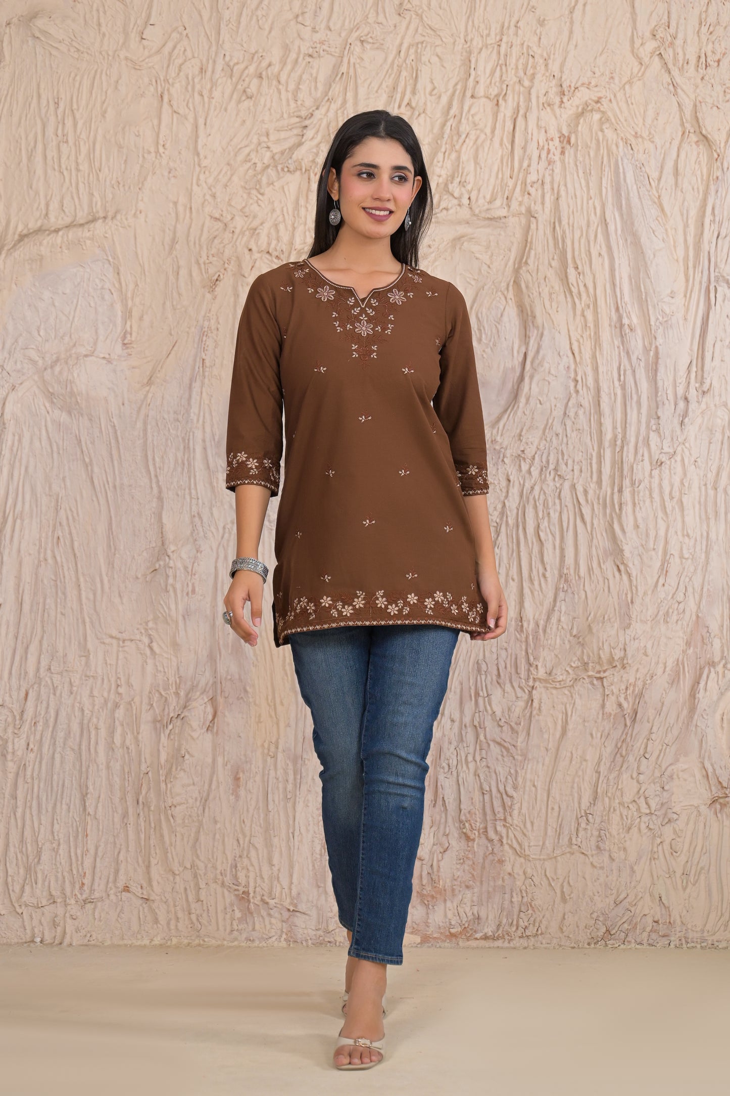 Elegant Brown Floral Embroidered Short Kurti