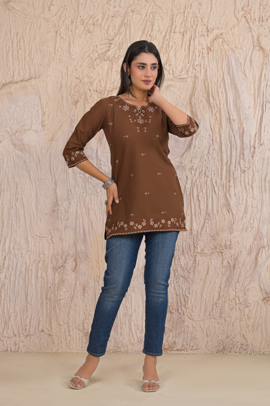 Elegant Brown Floral Embroidered Short Kurti