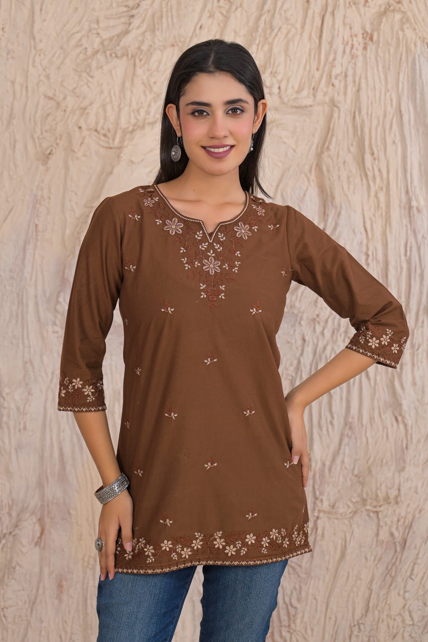 Elegant Brown Floral Embroidered Short Kurti