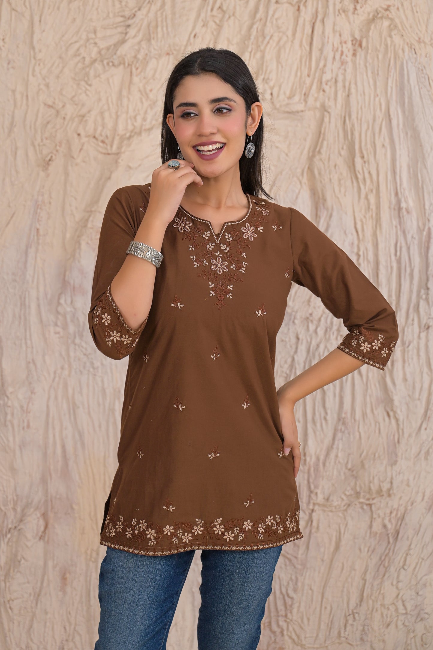 Elegant Brown Floral Embroidered Short Kurti