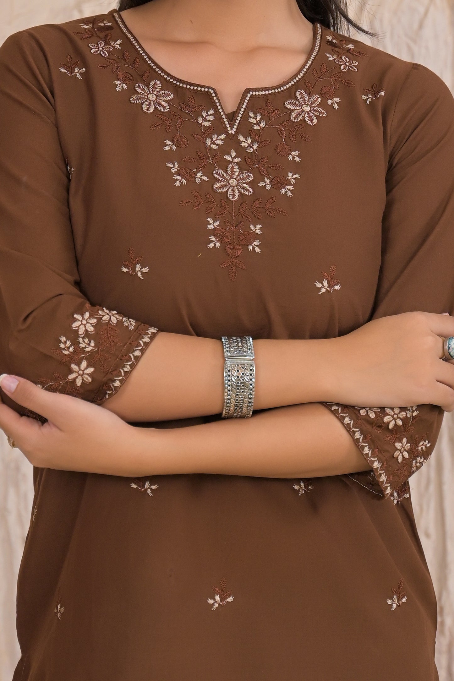 Elegant Brown Floral Embroidered Short Kurti