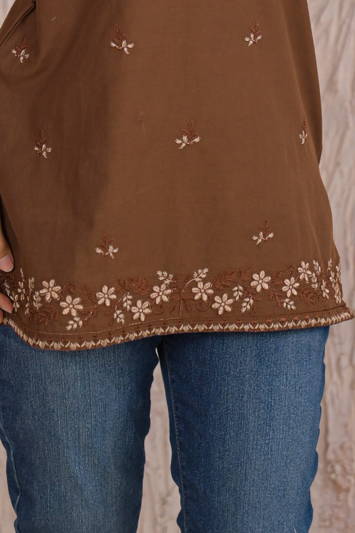 Elegant Brown Floral Embroidered Short Kurti