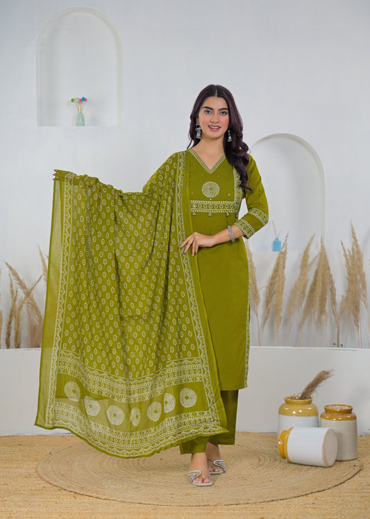 Olive Green Printed Salwar Suit & Dupatta