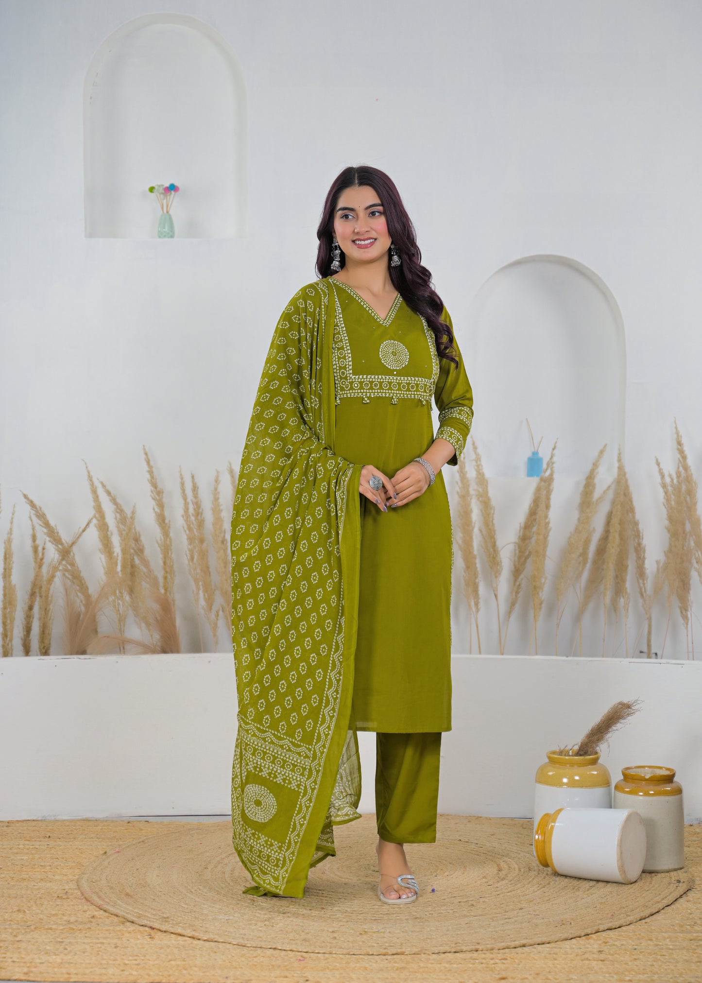 Olive Green Printed Salwar Suit & Dupatta