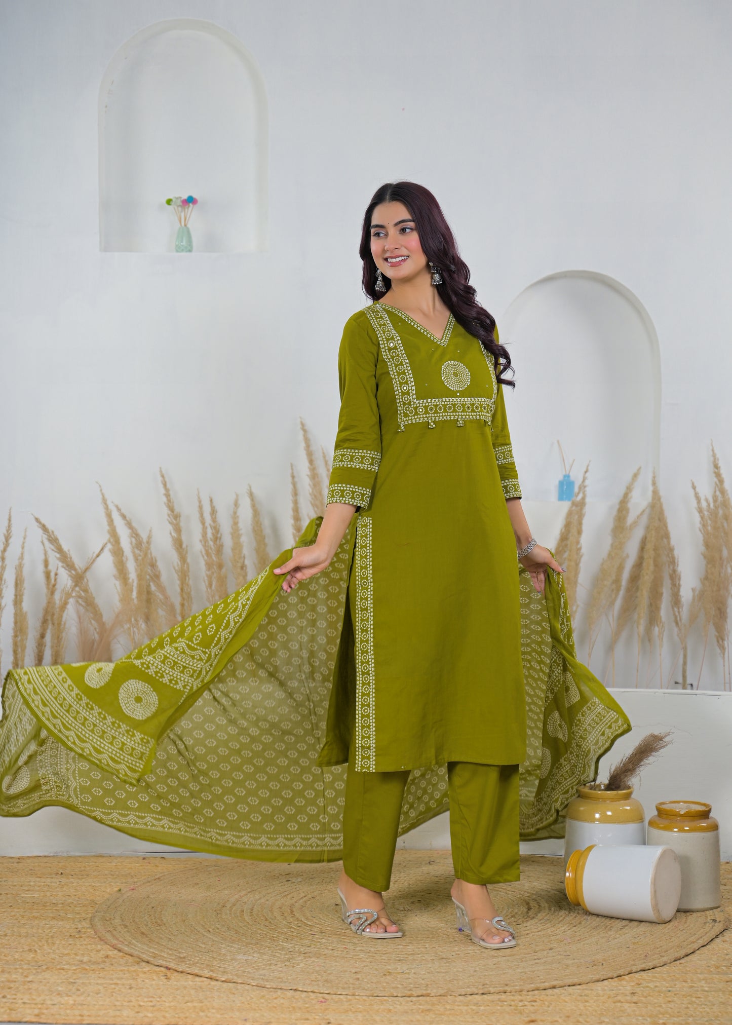 Olive Green Printed Salwar Suit & Dupatta