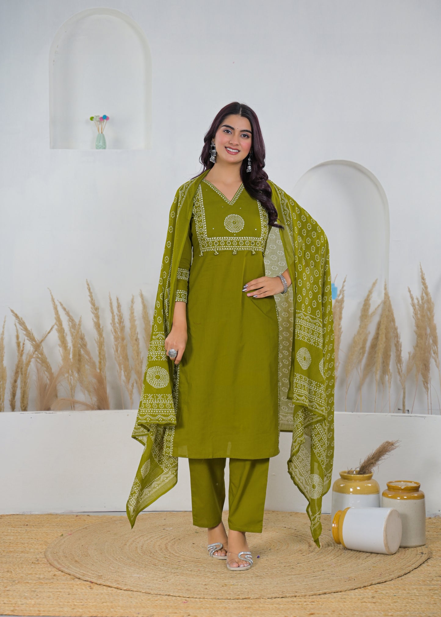 Olive Green Printed Salwar Suit & Dupatta