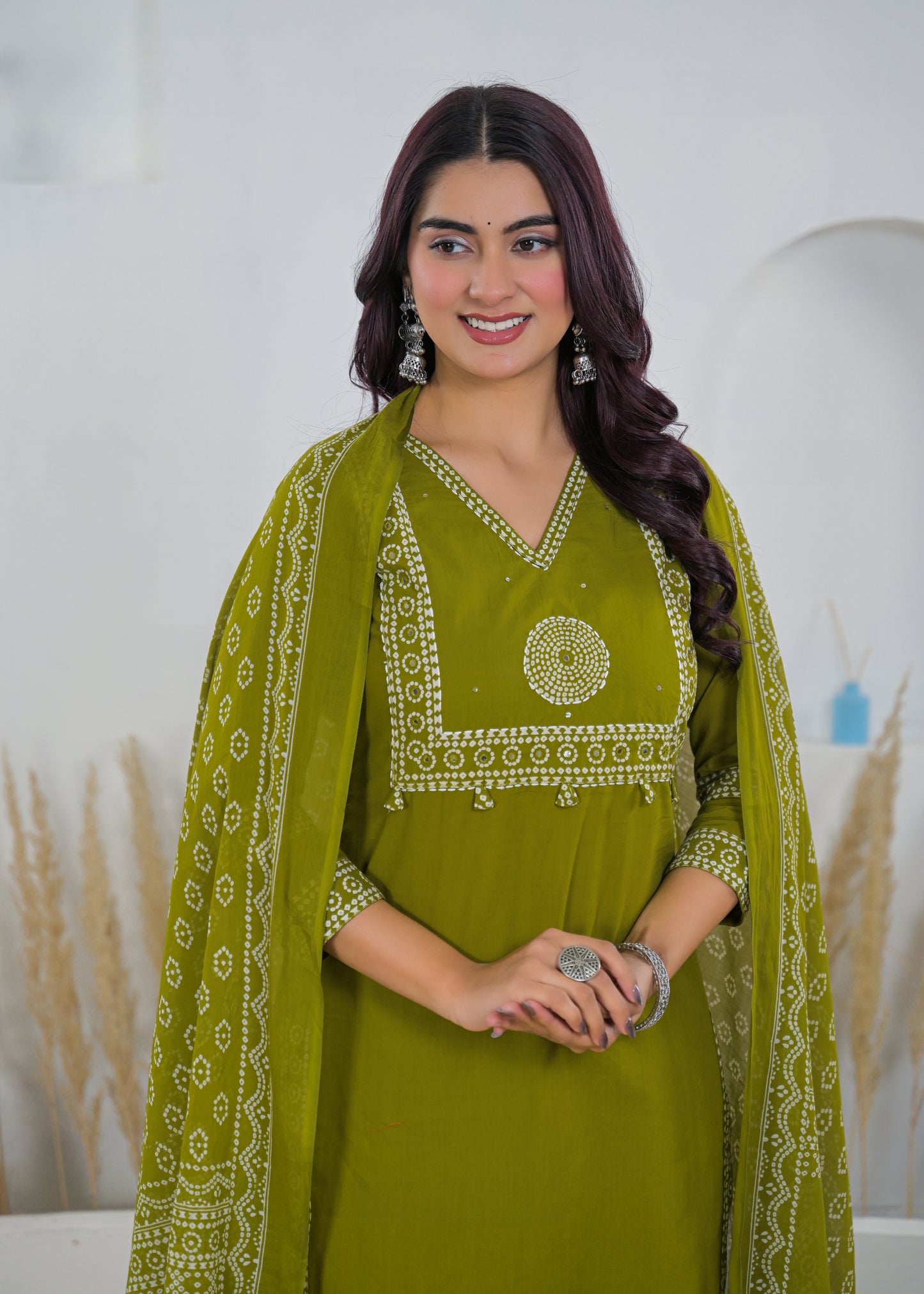 Olive Green Printed Salwar Suit & Dupatta