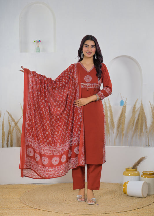 Rust Red Printed Salwar Suit & Dupatta