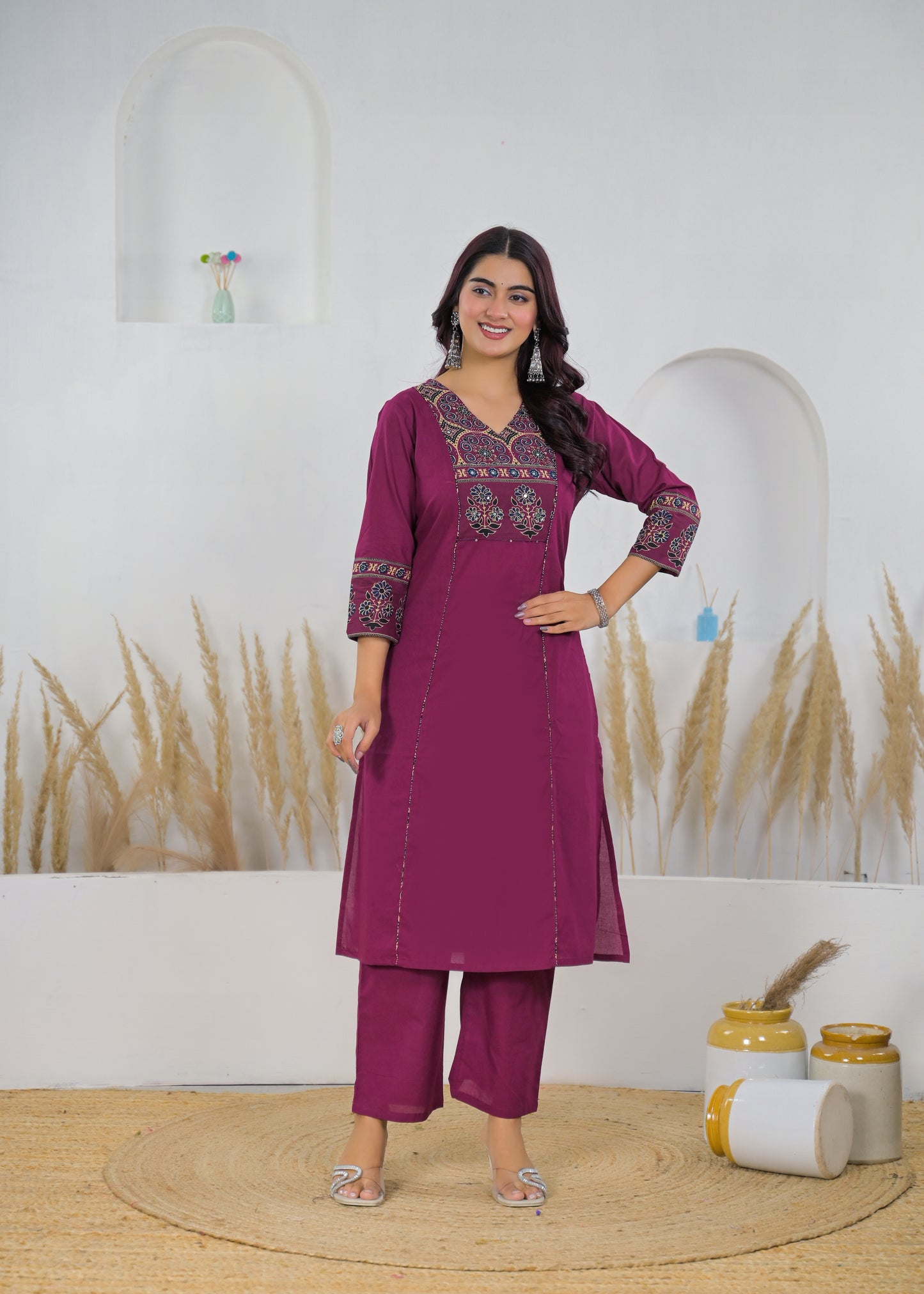 Maroon Graceful Printed Cotton Salwar Suit Set (Kurta, Pant & Dupatta)