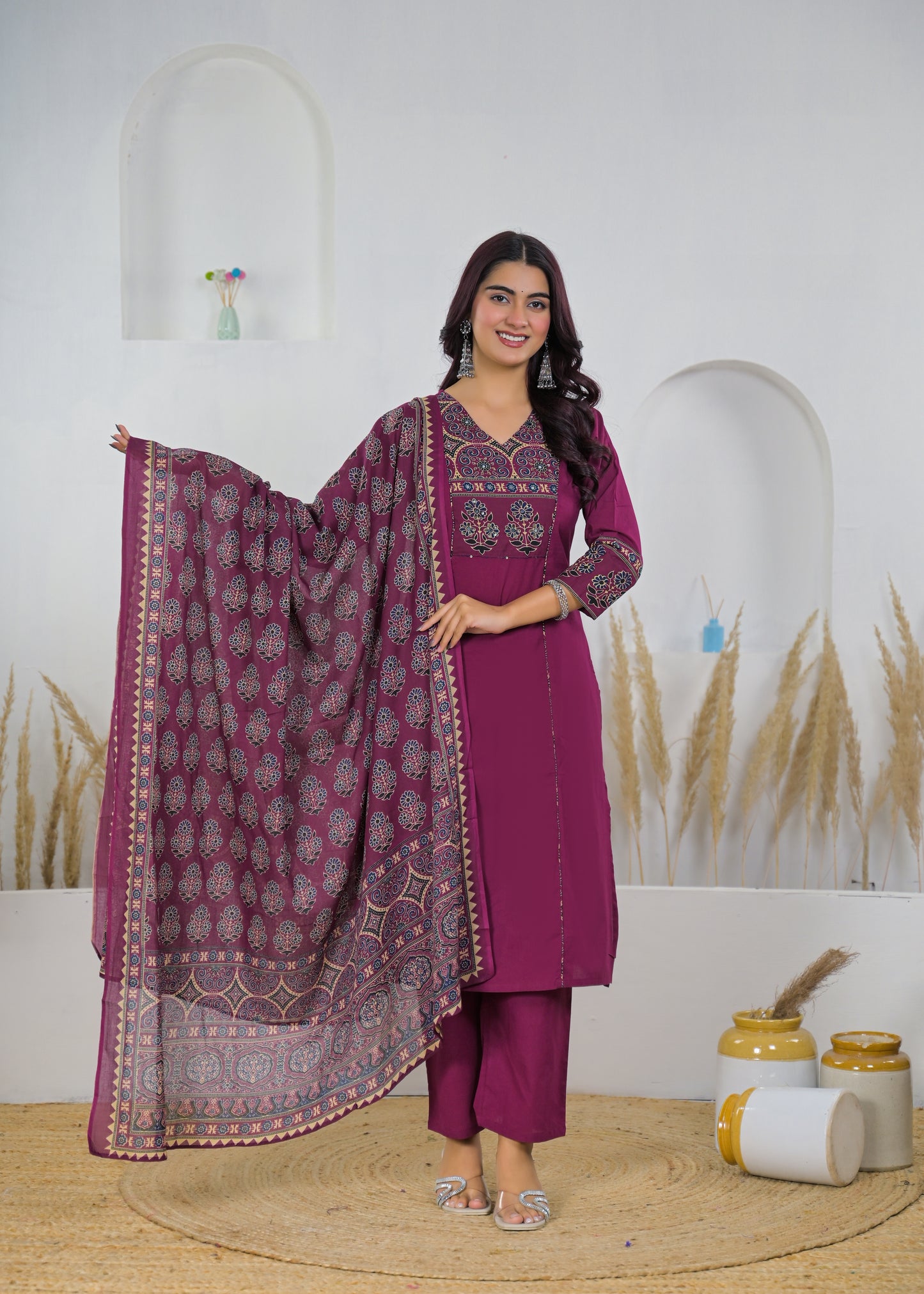 Maroon Graceful Printed Cotton Salwar Suit Set (Kurta, Pant & Dupatta)