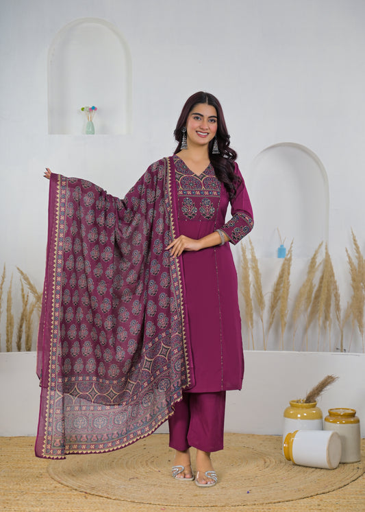 Maroon Graceful Printed Cotton Salwar Suit Set (Kurta, Pant & Dupatta)