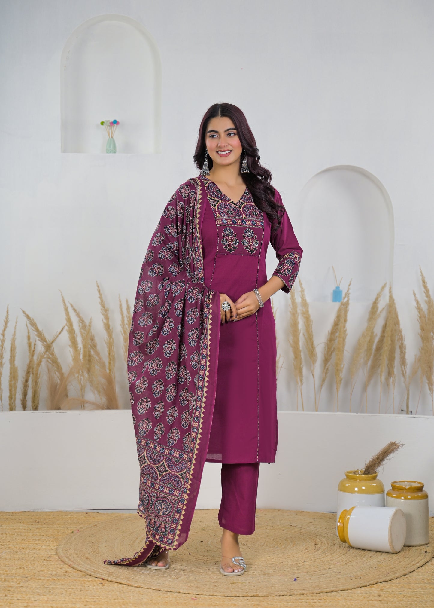 Maroon Graceful Printed Cotton Salwar Suit Set (Kurta, Pant & Dupatta)