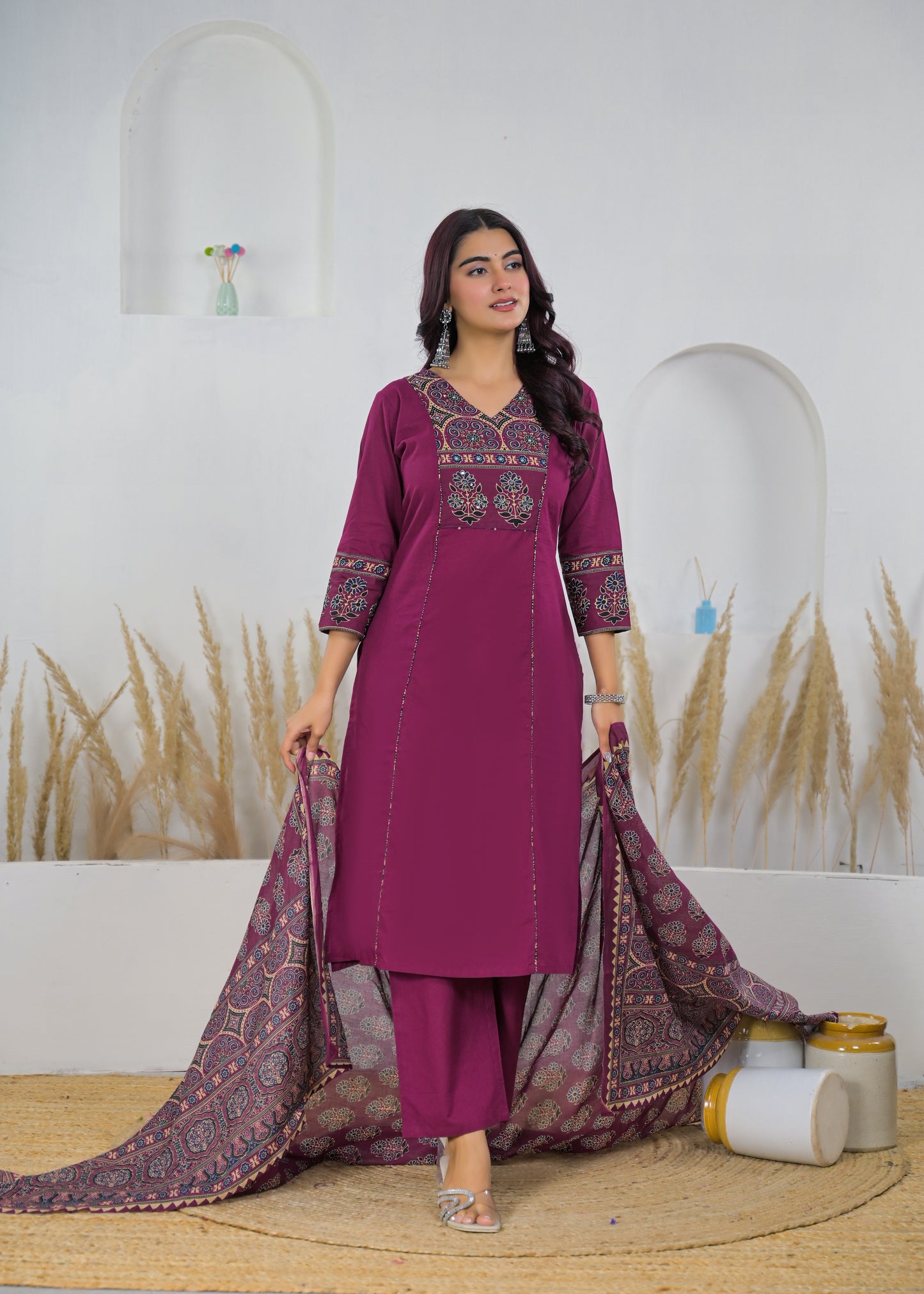 Maroon Graceful Printed Cotton Salwar Suit Set (Kurta, Pant & Dupatta)