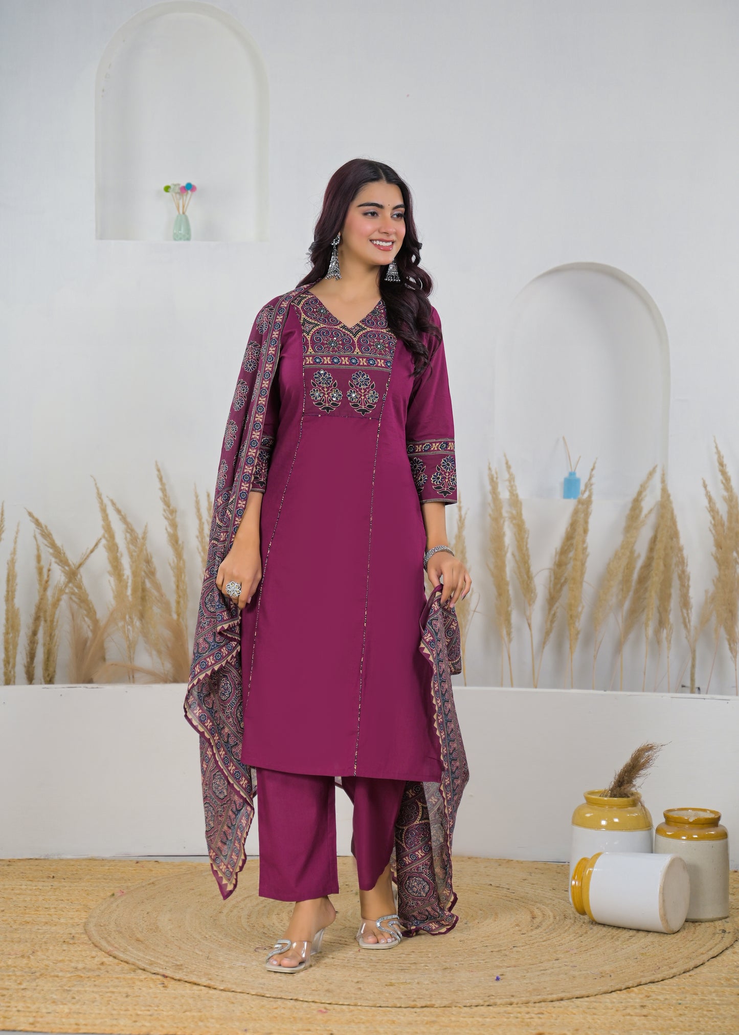 Maroon Graceful Printed Cotton Salwar Suit Set (Kurta, Pant & Dupatta)
