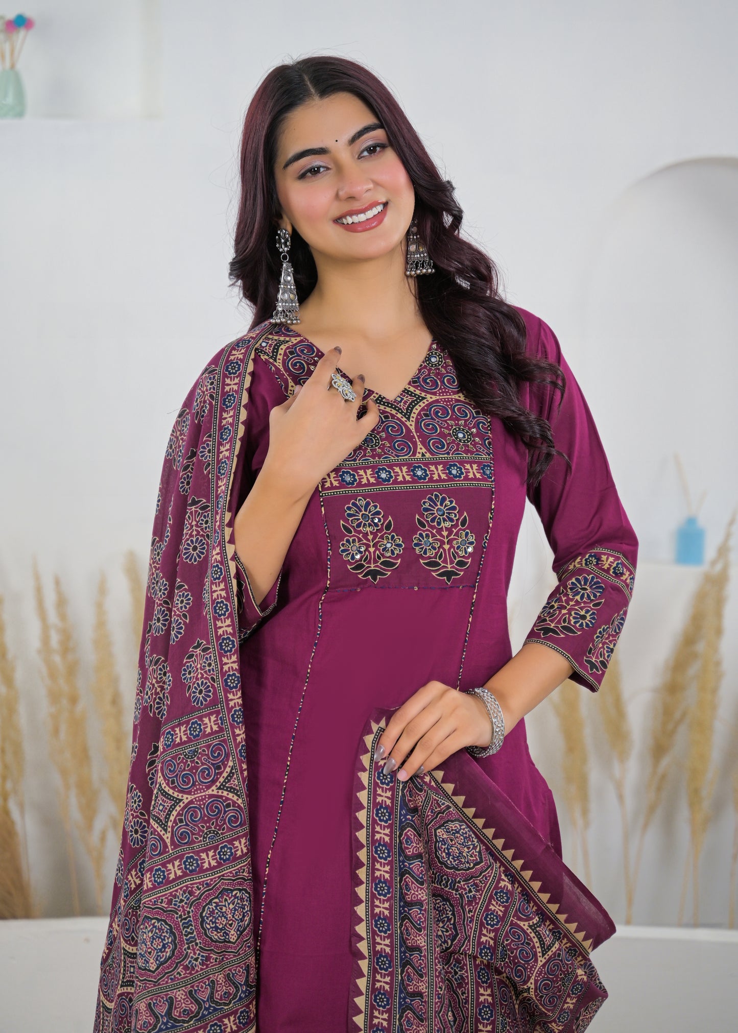 Maroon Graceful Printed Cotton Salwar Suit Set (Kurta, Pant & Dupatta)
