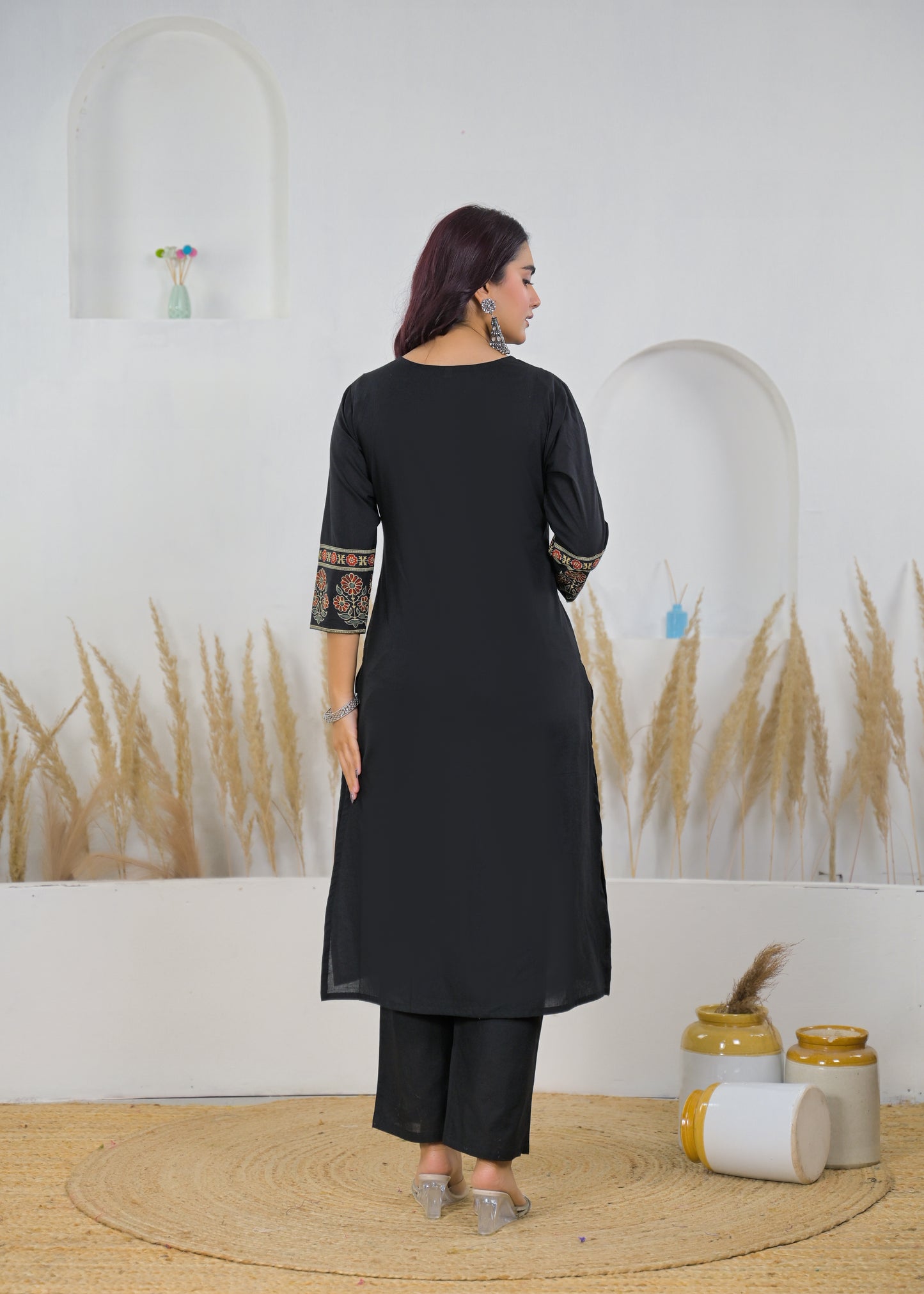 Black Elegant Printed Cotton Salwar Suit Set (Kurta, Bottom & Dupatta)