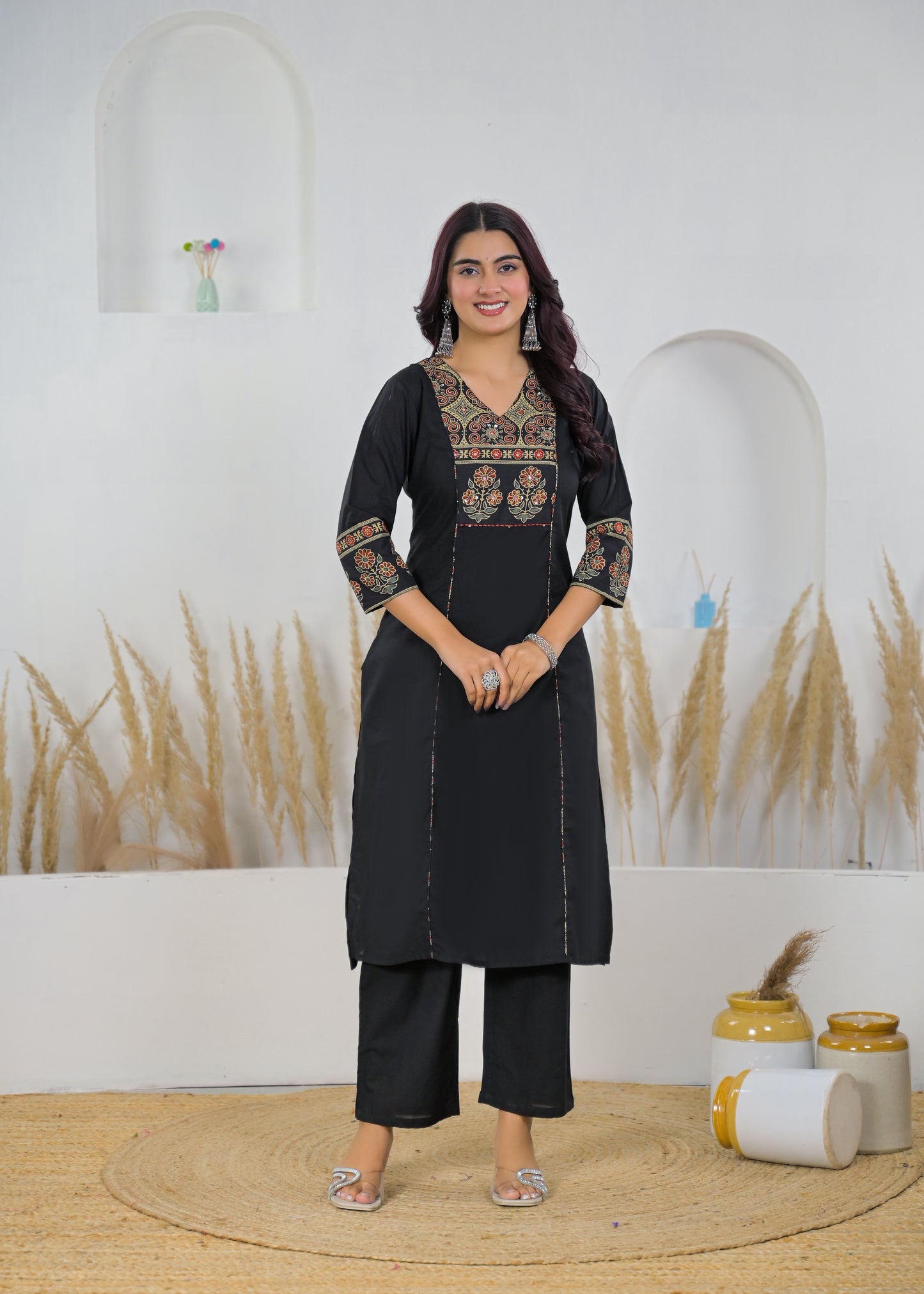 Black Elegant Printed Cotton Salwar Suit Set (Kurta, Bottom & Dupatta)